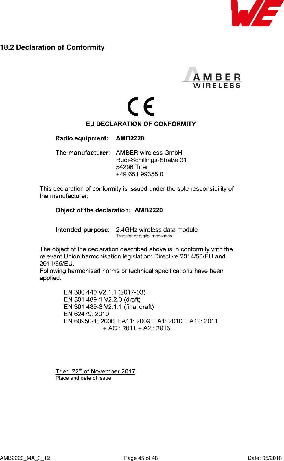    AMB2220_MA_3_12  Page 45 of 48  Date: 05/2018 18.2 Declaration of Conformity  