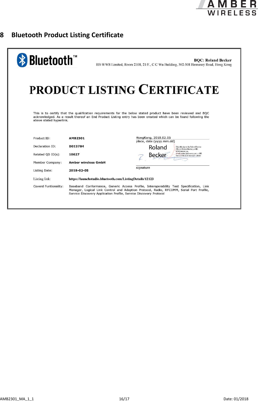  AMB2301_MA_1_1  16/17     Date: 01/2018 8 Bluetooth Product Listing Certificate    