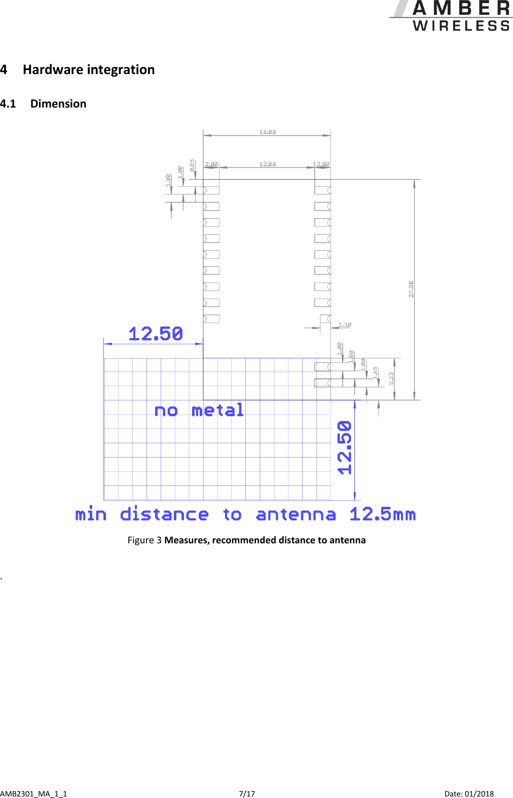  AMB2301_MA_1_1  7/17     Date: 01/2018 4 Hardware integration  4.1 Dimension   Figure 3 Measures, recommended distance to antenna  .  