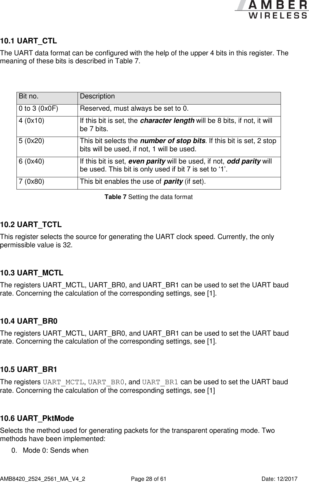      AMB8420_2524_2561_MA_V4_2  Page 28 of 61  Date: 12/2017 10.1 UART_CTL The UART data format can be configured with the help of the upper 4 bits in this register. The meaning of these bits is described in Table 7.   Bit no. Description 0 to 3 (0x0F) Reserved, must always be set to 0. 4 (0x10) If this bit is set, the character length will be 8 bits, if not, it will be 7 bits. 5 (0x20) This bit selects the number of stop bits. If this bit is set, 2 stop bits will be used, if not, 1 will be used. 6 (0x40) If this bit is set, even parity will be used, if not, odd parity will be used. This bit is only used if bit 7 is set to ‘1’. 7 (0x80) This bit enables the use of parity (if set). Table 7 Setting the data format   10.2 UART_TCTL This register selects the source for generating the UART clock speed. Currently, the only permissible value is 32.  10.3 UART_MCTL The registers UART_MCTL, UART_BR0, and UART_BR1 can be used to set the UART baud rate. Concerning the calculation of the corresponding settings, see [1].  10.4 UART_BR0 The registers UART_MCTL, UART_BR0, and UART_BR1 can be used to set the UART baud rate. Concerning the calculation of the corresponding settings, see [1].  10.5 UART_BR1 The registers UART_MCTL, UART_BR0, and UART_BR1 can be used to set the UART baud rate. Concerning the calculation of the corresponding settings, see [1]  10.6 UART_PktMode Selects the method used for generating packets for the transparent operating mode. Two methods have been implemented:  0.  Mode 0: Sends when 