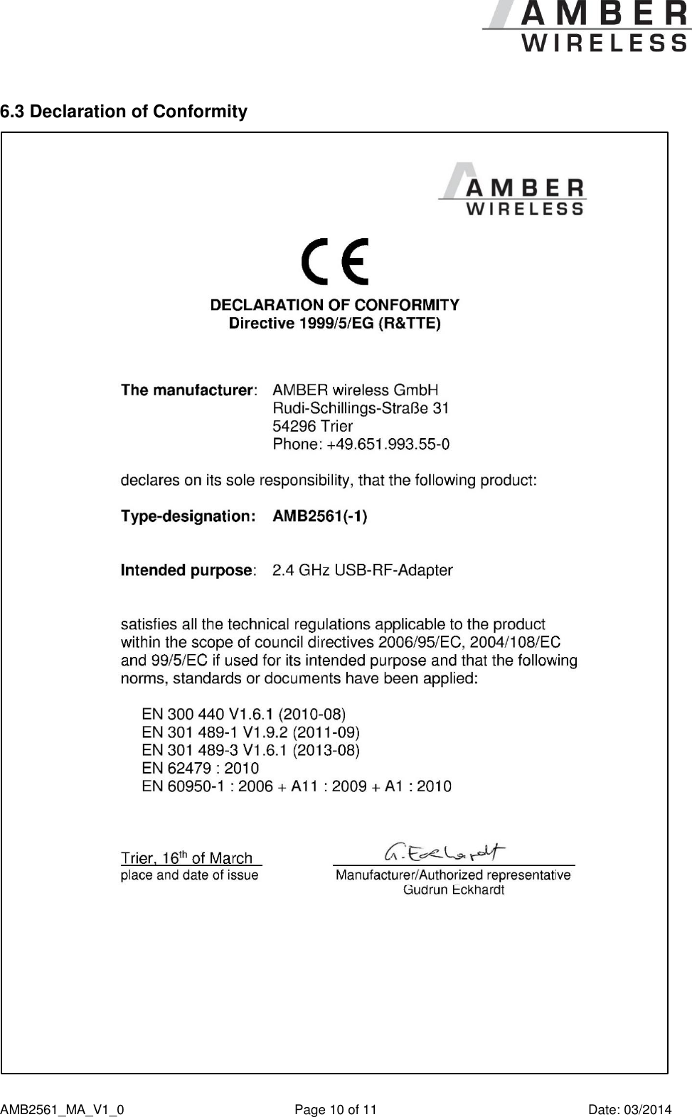      AMB2561_MA_V1_0  Page 10 of 11  Date: 03/2014 6.3 Declaration of Conformity  