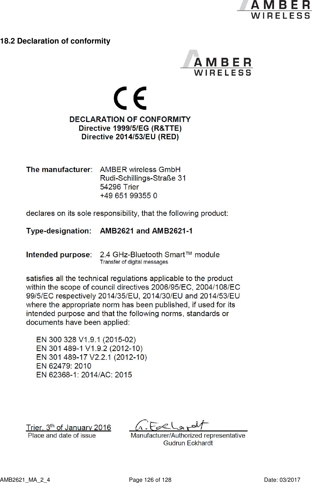      AMB2621_MA_2_4  Page 126 of 128  Date: 03/2017 18.2 Declaration of conformity     