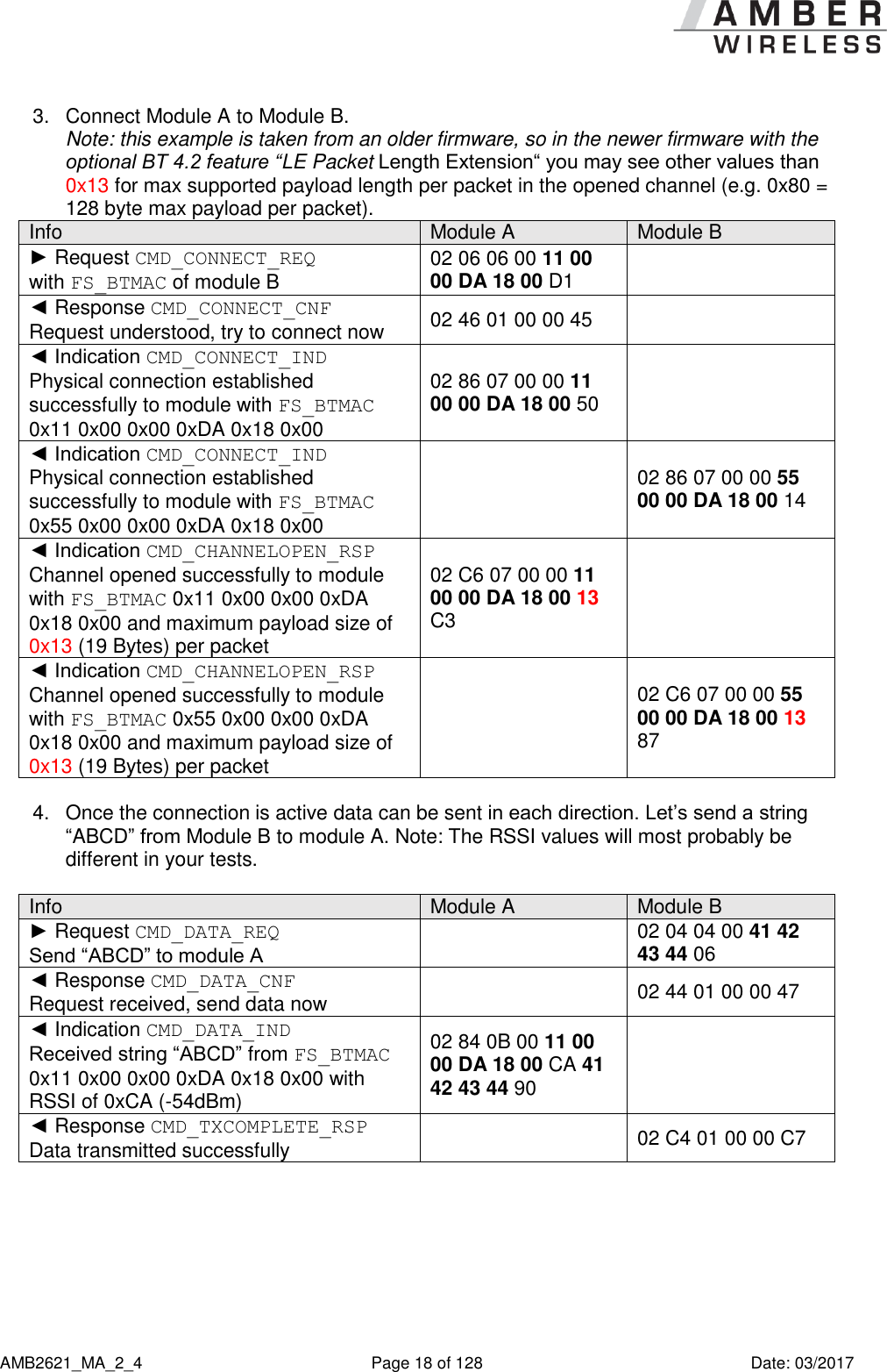      AMB2621_MA_2_4  Page 18 of 128  Date: 03/2017 3.  Connect Module A to Module B. Note: this example is taken from an older firmware, so in the newer firmware with the optional BT 4.2 feature “LE Packet Length Extension“ you may see other values than 0x13 for max supported payload length per packet in the opened channel (e.g. 0x80 = 128 byte max payload per packet). Info Module A Module B ► Request CMD_CONNECT_REQ  with FS_BTMAC of module B 02 06 06 00 11 00 00 DA 18 00 D1  ◄ Response CMD_CONNECT_CNF  Request understood, try to connect now 02 46 01 00 00 45  ◄ Indication CMD_CONNECT_IND Physical connection established successfully to module with FS_BTMAC 0x11 0x00 0x00 0xDA 0x18 0x00 02 86 07 00 00 11 00 00 DA 18 00 50  ◄ Indication CMD_CONNECT_IND Physical connection established successfully to module with FS_BTMAC 0x55 0x00 0x00 0xDA 0x18 0x00  02 86 07 00 00 55 00 00 DA 18 00 14  ◄ Indication CMD_CHANNELOPEN_RSP Channel opened successfully to module with FS_BTMAC 0x11 0x00 0x00 0xDA 0x18 0x00 and maximum payload size of 0x13 (19 Bytes) per packet 02 C6 07 00 00 11 00 00 DA 18 00 13 C3  ◄ Indication CMD_CHANNELOPEN_RSP Channel opened successfully to module with FS_BTMAC 0x55 0x00 0x00 0xDA 0x18 0x00 and maximum payload size of 0x13 (19 Bytes) per packet  02 C6 07 00 00 55 00 00 DA 18 00 13 87  4.  Once the connection is active data can be sent in each direction. Let’s send a string “ABCD” from Module B to module A. Note: The RSSI values will most probably be different in your tests.  Info Module A Module B ► Request CMD_DATA_REQ  Send “ABCD” to module A  02 04 04 00 41 42 43 44 06 ◄ Response CMD_DATA_CNF Request received, send data now  02 44 01 00 00 47 ◄ Indication CMD_DATA_IND Received string “ABCD” from FS_BTMAC 0x11 0x00 0x00 0xDA 0x18 0x00 with RSSI of 0xCA (-54dBm) 02 84 0B 00 11 00 00 DA 18 00 CA 41 42 43 44 90  ◄ Response CMD_TXCOMPLETE_RSP Data transmitted successfully  02 C4 01 00 00 C7  