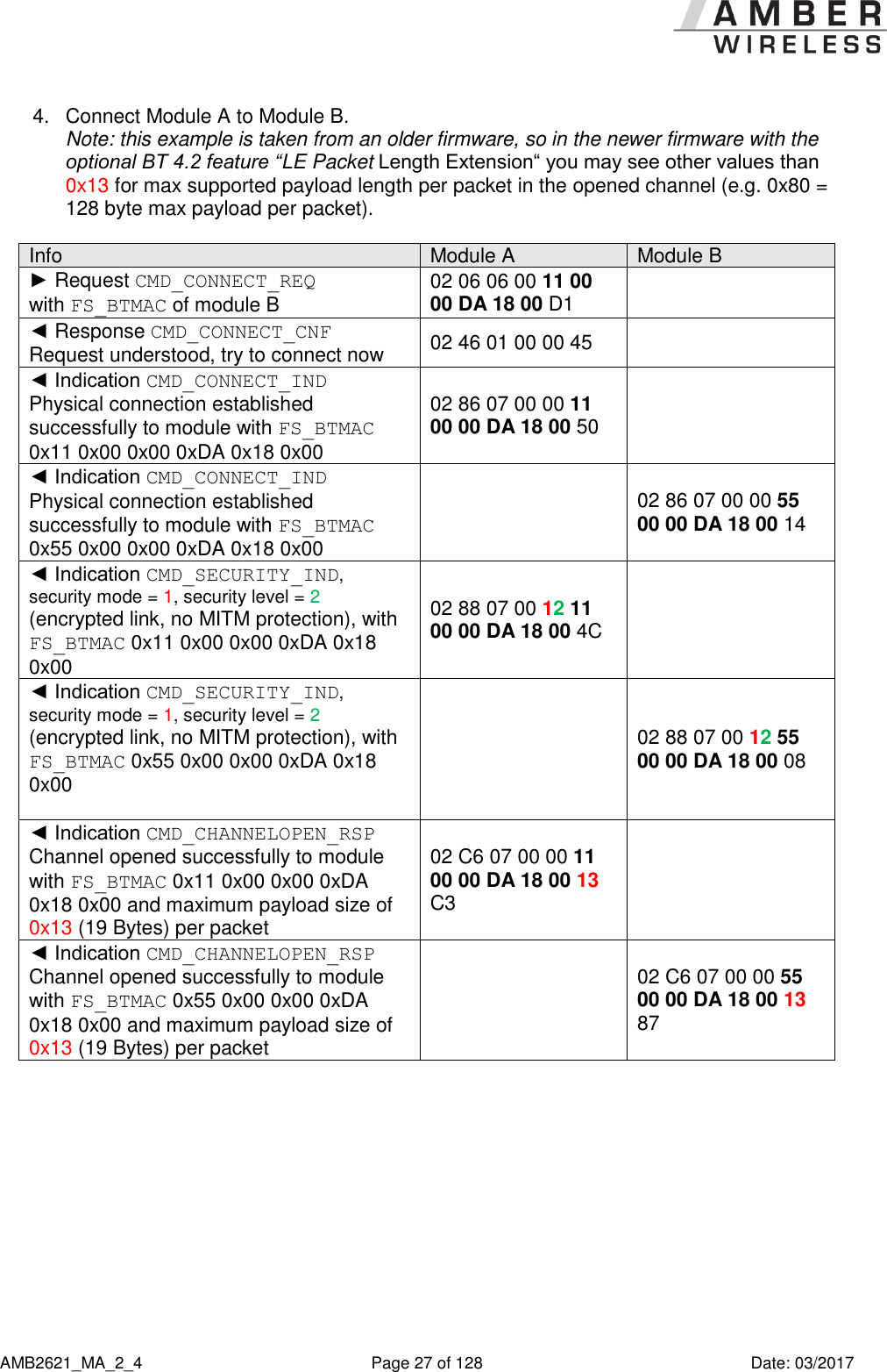      AMB2621_MA_2_4  Page 27 of 128  Date: 03/2017 4.  Connect Module A to Module B. Note: this example is taken from an older firmware, so in the newer firmware with the optional BT 4.2 feature “LE Packet Length Extension“ you may see other values than 0x13 for max supported payload length per packet in the opened channel (e.g. 0x80 = 128 byte max payload per packet).  Info Module A Module B ► Request CMD_CONNECT_REQ  with FS_BTMAC of module B 02 06 06 00 11 00 00 DA 18 00 D1  ◄ Response CMD_CONNECT_CNF  Request understood, try to connect now 02 46 01 00 00 45  ◄ Indication CMD_CONNECT_IND Physical connection established successfully to module with FS_BTMAC 0x11 0x00 0x00 0xDA 0x18 0x00 02 86 07 00 00 11 00 00 DA 18 00 50  ◄ Indication CMD_CONNECT_IND Physical connection established successfully to module with FS_BTMAC 0x55 0x00 0x00 0xDA 0x18 0x00  02 86 07 00 00 55 00 00 DA 18 00 14  ◄ Indication CMD_SECURITY_IND, security mode = 1, security level = 2 (encrypted link, no MITM protection), with FS_BTMAC 0x11 0x00 0x00 0xDA 0x18 0x00 02 88 07 00 12 11 00 00 DA 18 00 4C  ◄ Indication CMD_SECURITY_IND, security mode = 1, security level = 2 (encrypted link, no MITM protection), with FS_BTMAC 0x55 0x00 0x00 0xDA 0x18 0x00   02 88 07 00 12 55 00 00 DA 18 00 08 ◄ Indication CMD_CHANNELOPEN_RSP Channel opened successfully to module with FS_BTMAC 0x11 0x00 0x00 0xDA 0x18 0x00 and maximum payload size of 0x13 (19 Bytes) per packet 02 C6 07 00 00 11 00 00 DA 18 00 13 C3  ◄ Indication CMD_CHANNELOPEN_RSP Channel opened successfully to module with FS_BTMAC 0x55 0x00 0x00 0xDA 0x18 0x00 and maximum payload size of 0x13 (19 Bytes) per packet  02 C6 07 00 00 55 00 00 DA 18 00 13 87  