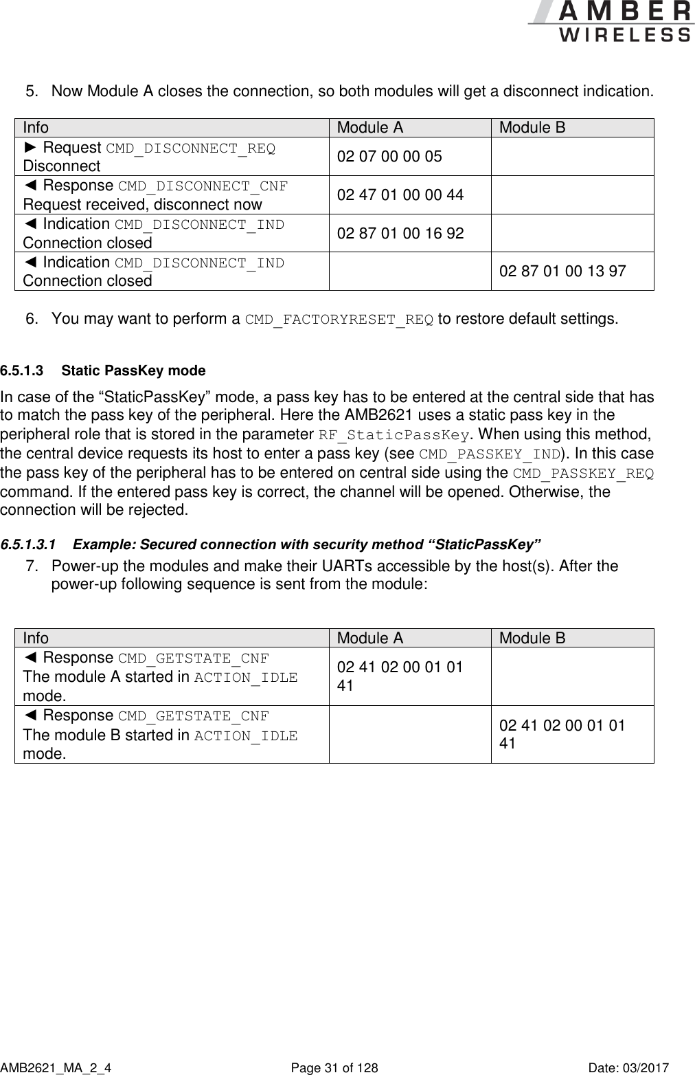      AMB2621_MA_2_4  Page 31 of 128  Date: 03/2017 5.  Now Module A closes the connection, so both modules will get a disconnect indication.   Info Module A Module B ► Request CMD_DISCONNECT_REQ  Disconnect 02 07 00 00 05  ◄ Response CMD_DISCONNECT_CNF Request received, disconnect now 02 47 01 00 00 44  ◄ Indication CMD_DISCONNECT_IND Connection closed 02 87 01 00 16 92  ◄ Indication CMD_DISCONNECT_IND Connection closed  02 87 01 00 13 97  6.  You may want to perform a CMD_FACTORYRESET_REQ to restore default settings. 6.5.1.3  Static PassKey mode In case of the “StaticPassKey” mode, a pass key has to be entered at the central side that has to match the pass key of the peripheral. Here the AMB2621 uses a static pass key in the peripheral role that is stored in the parameter RF_StaticPassKey. When using this method, the central device requests its host to enter a pass key (see CMD_PASSKEY_IND). In this case the pass key of the peripheral has to be entered on central side using the CMD_PASSKEY_REQ command. If the entered pass key is correct, the channel will be opened. Otherwise, the connection will be rejected. 6.5.1.3.1  Example: Secured connection with security method “StaticPassKey” 7.  Power-up the modules and make their UARTs accessible by the host(s). After the power-up following sequence is sent from the module:  Info Module A Module B ◄ Response CMD_GETSTATE_CNF The module A started in ACTION_IDLE mode. 02 41 02 00 01 01 41  ◄ Response CMD_GETSTATE_CNF The module B started in ACTION_IDLE mode.  02 41 02 00 01 01 41  