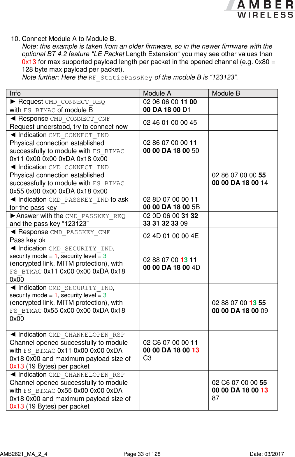      AMB2621_MA_2_4  Page 33 of 128  Date: 03/2017 10. Connect Module A to Module B. Note: this example is taken from an older firmware, so in the newer firmware with the optional BT 4.2 feature “LE Packet Length Extension“ you may see other values than 0x13 for max supported payload length per packet in the opened channel (e.g. 0x80 = 128 byte max payload per packet). Note further: Here the RF_StaticPassKey of the module B is “123123”.  Info Module A Module B ► Request CMD_CONNECT_REQ  with FS_BTMAC of module B 02 06 06 00 11 00 00 DA 18 00 D1  ◄ Response CMD_CONNECT_CNF  Request understood, try to connect now 02 46 01 00 00 45  ◄ Indication CMD_CONNECT_IND Physical connection established successfully to module with FS_BTMAC 0x11 0x00 0x00 0xDA 0x18 0x00 02 86 07 00 00 11 00 00 DA 18 00 50  ◄ Indication CMD_CONNECT_IND Physical connection established successfully to module with FS_BTMAC 0x55 0x00 0x00 0xDA 0x18 0x00  02 86 07 00 00 55 00 00 DA 18 00 14  ◄ Indication CMD_PASSKEY_IND to ask for the pass key 02 8D 07 00 00 11 00 00 DA 18 00 5B  ►Answer with the CMD_PASSKEY_REQ and the pass key “123123” 02 0D 06 00 31 32 33 31 32 33 09  ◄ Response CMD_PASSKEY_CNF  Pass key ok 02 4D 01 00 00 4E  ◄ Indication CMD_SECURITY_IND, security mode = 1, security level = 3 (encrypted link, MITM protection), with FS_BTMAC 0x11 0x00 0x00 0xDA 0x18 0x00 02 88 07 00 13 11 00 00 DA 18 00 4D  ◄ Indication CMD_SECURITY_IND, security mode = 1, security level = 3 (encrypted link, MITM protection), with FS_BTMAC 0x55 0x00 0x00 0xDA 0x18 0x00   02 88 07 00 13 55 00 00 DA 18 00 09 ◄ Indication CMD_CHANNELOPEN_RSP Channel opened successfully to module with FS_BTMAC 0x11 0x00 0x00 0xDA 0x18 0x00 and maximum payload size of 0x13 (19 Bytes) per packet 02 C6 07 00 00 11 00 00 DA 18 00 13 C3  ◄ Indication CMD_CHANNELOPEN_RSP Channel opened successfully to module with FS_BTMAC 0x55 0x00 0x00 0xDA 0x18 0x00 and maximum payload size of 0x13 (19 Bytes) per packet  02 C6 07 00 00 55 00 00 DA 18 00 13 87  