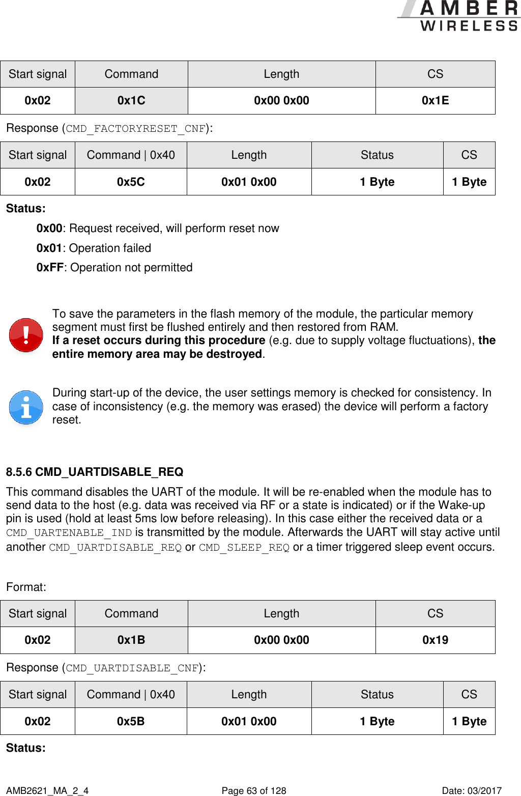      AMB2621_MA_2_4  Page 63 of 128  Date: 03/2017 Start signal Command Length CS 0x02 0x1C 0x00 0x00 0x1E Response (CMD_FACTORYRESET_CNF): Start signal Command | 0x40 Length Status CS 0x02 0x5C 0x01 0x00 1 Byte 1 Byte Status: 0x00: Request received, will perform reset now 0x01: Operation failed 0xFF: Operation not permitted   To save the parameters in the flash memory of the module, the particular memory segment must first be flushed entirely and then restored from RAM. If a reset occurs during this procedure (e.g. due to supply voltage fluctuations), the entire memory area may be destroyed.  During start-up of the device, the user settings memory is checked for consistency. In case of inconsistency (e.g. the memory was erased) the device will perform a factory reset.  8.5.6 CMD_UARTDISABLE_REQ This command disables the UART of the module. It will be re-enabled when the module has to send data to the host (e.g. data was received via RF or a state is indicated) or if the Wake-up pin is used (hold at least 5ms low before releasing). In this case either the received data or a CMD_UARTENABLE_IND is transmitted by the module. Afterwards the UART will stay active until another CMD_UARTDISABLE_REQ or CMD_SLEEP_REQ or a timer triggered sleep event occurs.  Format: Start signal Command Length CS 0x02 0x1B 0x00 0x00 0x19 Response (CMD_UARTDISABLE_CNF): Start signal Command | 0x40 Length Status CS 0x02 0x5B 0x01 0x00 1 Byte 1 Byte Status: 
