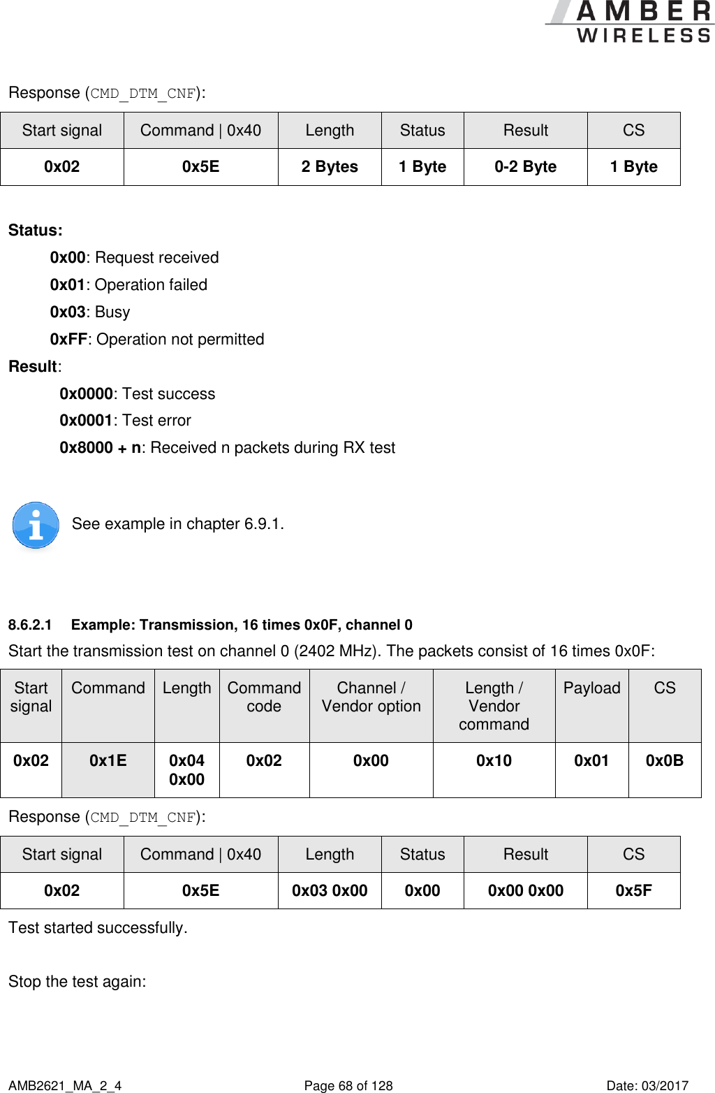      AMB2621_MA_2_4  Page 68 of 128  Date: 03/2017 Response (CMD_DTM_CNF): Start signal Command | 0x40 Length Status Result CS 0x02 0x5E 2 Bytes 1 Byte 0-2 Byte 1 Byte  Status: 0x00: Request received 0x01: Operation failed 0x03: Busy 0xFF: Operation not permitted Result: 0x0000: Test success 0x0001: Test error 0x8000 + n: Received n packets during RX test   See example in chapter 6.9.1.   8.6.2.1  Example: Transmission, 16 times 0x0F, channel 0 Start the transmission test on channel 0 (2402 MHz). The packets consist of 16 times 0x0F:  Start signal Command Length Command code Channel / Vendor option Length / Vendor command Payload CS 0x02 0x1E 0x04 0x00 0x02 0x00 0x10 0x01 0x0B Response (CMD_DTM_CNF): Start signal Command | 0x40 Length Status Result CS 0x02 0x5E 0x03 0x00 0x00 0x00 0x00 0x5F Test started successfully.  Stop the test again:  