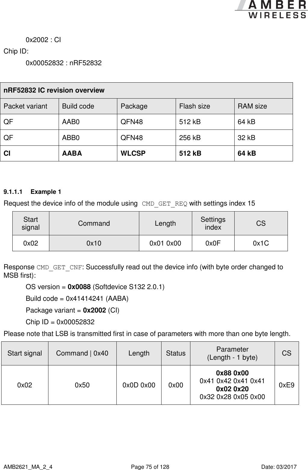      AMB2621_MA_2_4  Page 75 of 128  Date: 03/2017 0x2002 : CI Chip ID:  0x00052832 : nRF52832  nRF52832 IC revision overview Packet variant Build code Package Flash size RAM size QF AAB0 QFN48 512 kB 64 kB QF ABB0 QFN48 256 kB 32 kB CI AABA WLCSP 512 kB 64 kB  9.1.1.1  Example 1 Request the device info of the module using CMD_GET_REQ with settings index 15 Start signal Command Length Settings index CS 0x02 0x10 0x01 0x00 0x0F 0x1C  Response CMD_GET_CNF: Successfully read out the device info (with byte order changed to MSB first): OS version = 0x0088 (Softdevice S132 2.0.1) Build code = 0x41414241 (AABA) Package variant = 0x2002 (CI) Chip ID = 0x00052832 Please note that LSB is transmitted first in case of parameters with more than one byte length. Start signal Command | 0x40 Length Status Parameter (Length - 1 byte) CS 0x02 0x50 0x0D 0x00 0x00 0x88 0x00 0x41 0x42 0x41 0x41 0x02 0x20 0x32 0x28 0x05 0x00 0xE9  