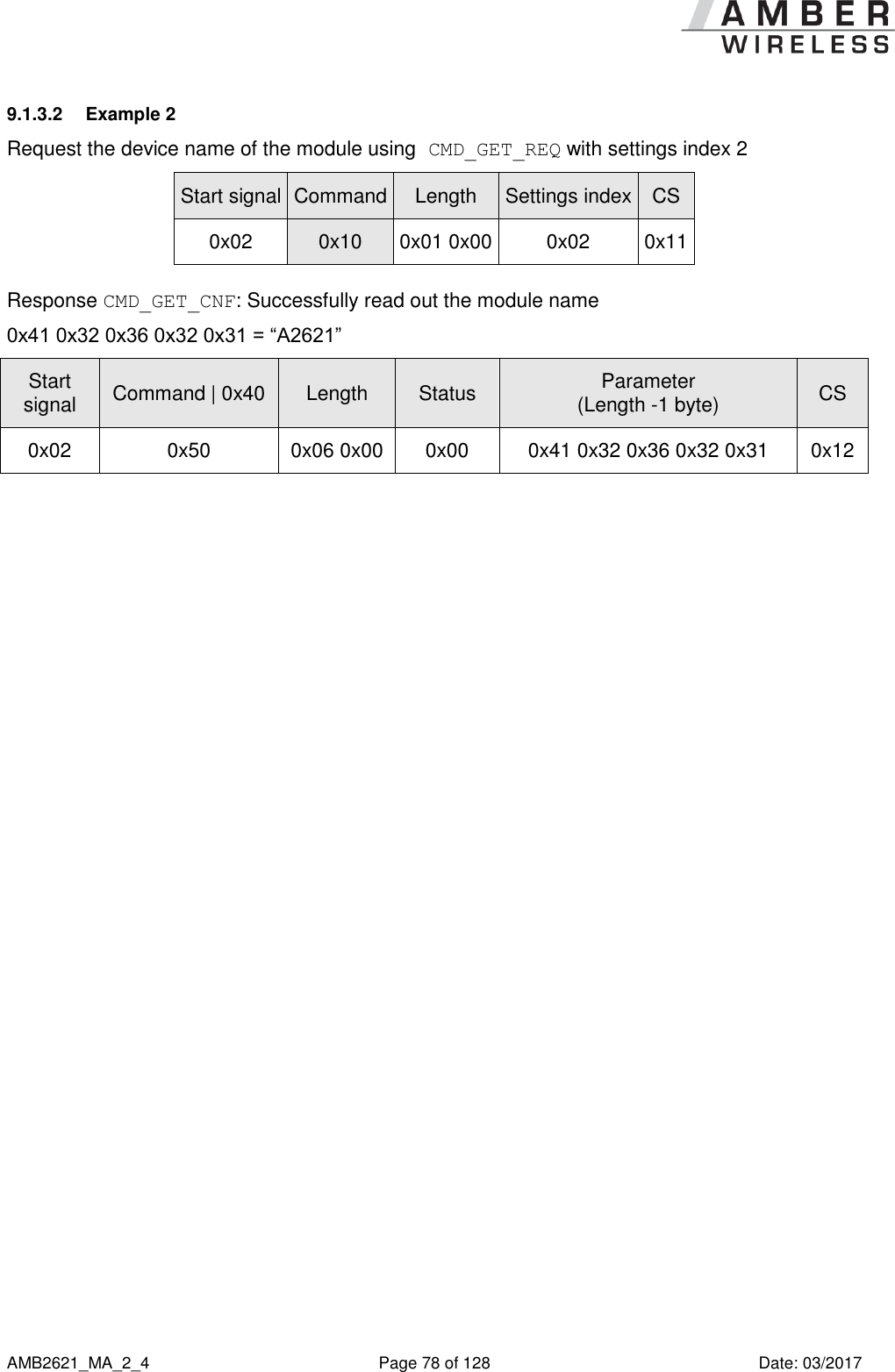      AMB2621_MA_2_4  Page 78 of 128  Date: 03/2017 9.1.3.2  Example 2 Request the device name of the module using CMD_GET_REQ with settings index 2 Start signal Command Length Settings index CS 0x02 0x10 0x01 0x00 0x02 0x11  Response CMD_GET_CNF: Successfully read out the module name 0x41 0x32 0x36 0x32 0x31 = “A2621” Start signal Command | 0x40 Length Status Parameter (Length -1 byte) CS 0x02 0x50 0x06 0x00 0x00 0x41 0x32 0x36 0x32 0x31 0x12    