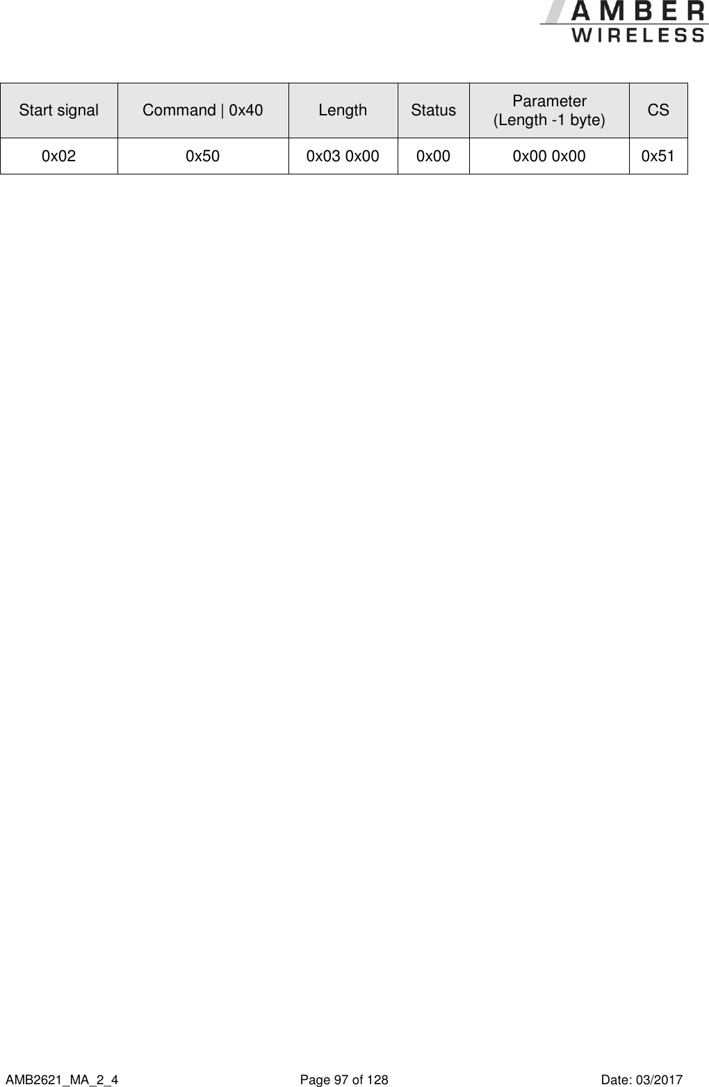      AMB2621_MA_2_4  Page 97 of 128  Date: 03/2017 Start signal Command | 0x40 Length Status Parameter (Length -1 byte) CS 0x02 0x50 0x03 0x00 0x00 0x00 0x00 0x51    