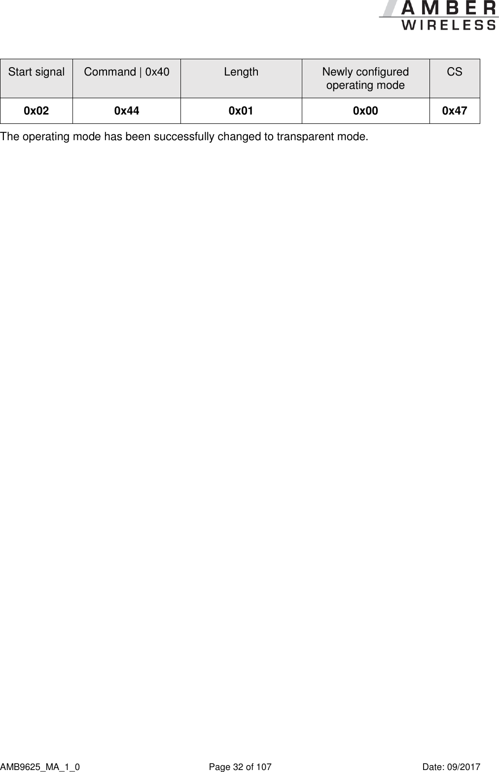      AMB9625_MA_1_0  Page 32 of 107  Date: 09/2017 Start signal Command | 0x40 Length Newly configured operating mode CS 0x02 0x44 0x01 0x00 0x47 The operating mode has been successfully changed to transparent mode.    