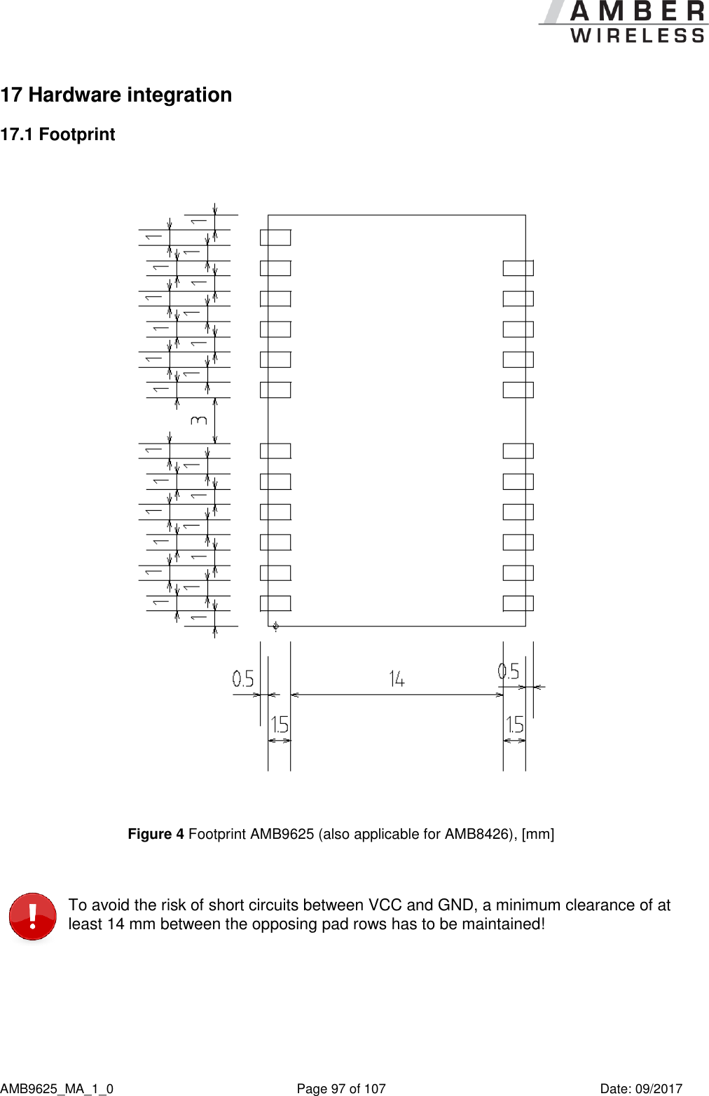      AMB9625_MA_1_0  Page 97 of 107  Date: 09/2017 17 Hardware integration 17.1 Footprint  Figure 4 Footprint AMB9625 (also applicable for AMB8426), [mm]   To avoid the risk of short circuits between VCC and GND, a minimum clearance of at least 14 mm between the opposing pad rows has to be maintained!  