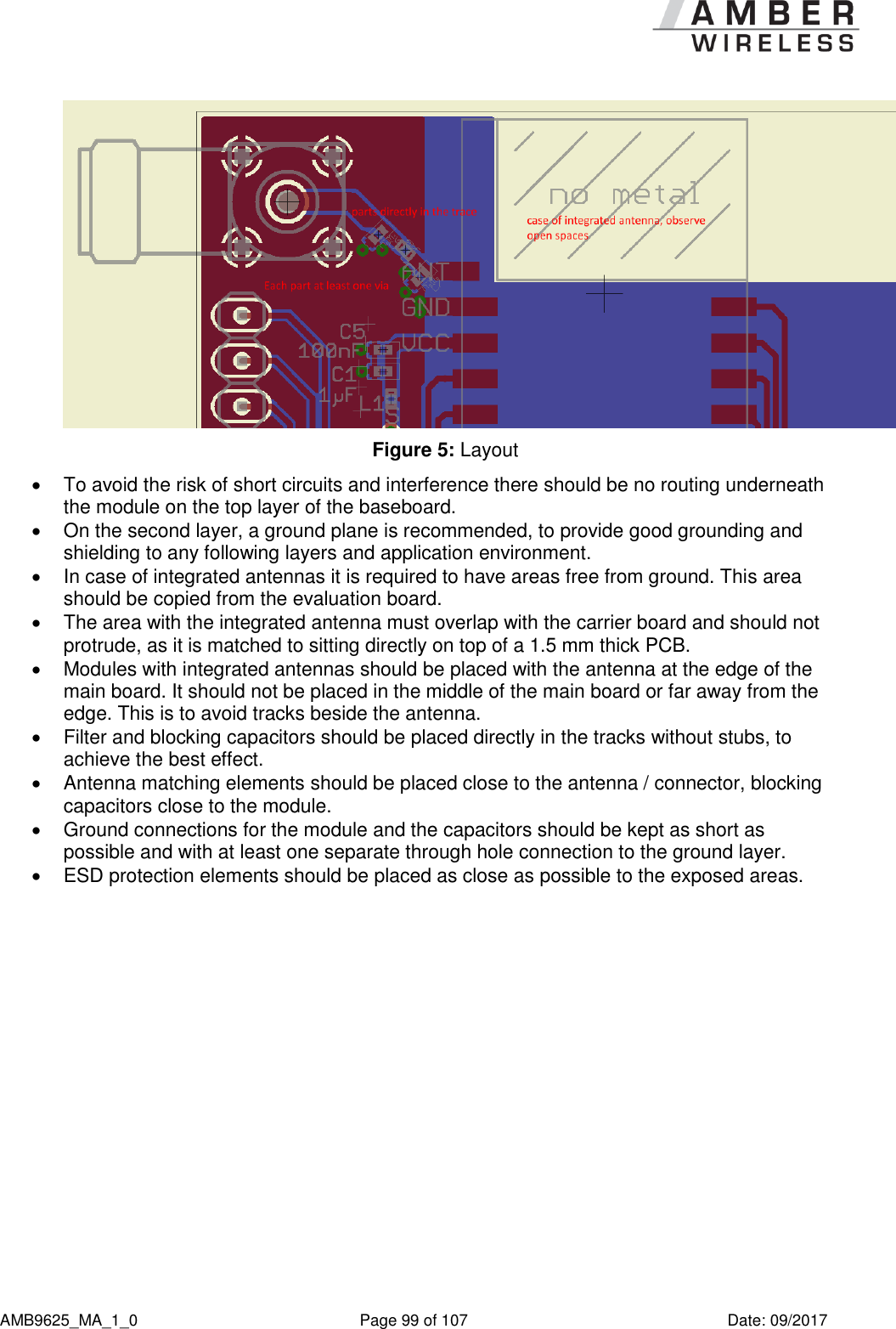      AMB9625_MA_1_0  Page 99 of 107  Date: 09/2017  Figure 5: Layout   To avoid the risk of short circuits and interference there should be no routing underneath the module on the top layer of the baseboard.   On the second layer, a ground plane is recommended, to provide good grounding and shielding to any following layers and application environment.    In case of integrated antennas it is required to have areas free from ground. This area should be copied from the evaluation board.   The area with the integrated antenna must overlap with the carrier board and should not protrude, as it is matched to sitting directly on top of a 1.5 mm thick PCB.   Modules with integrated antennas should be placed with the antenna at the edge of the main board. It should not be placed in the middle of the main board or far away from the edge. This is to avoid tracks beside the antenna.    Filter and blocking capacitors should be placed directly in the tracks without stubs, to achieve the best effect.   Antenna matching elements should be placed close to the antenna / connector, blocking capacitors close to the module.   Ground connections for the module and the capacitors should be kept as short as possible and with at least one separate through hole connection to the ground layer.   ESD protection elements should be placed as close as possible to the exposed areas.  