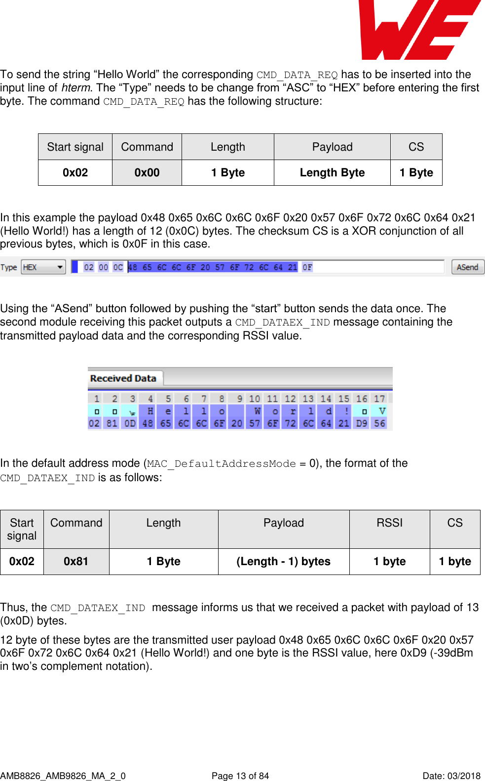      AMB8826_AMB9826_MA_2_0  Page 13 of 84  Date: 03/2018 To send the string “Hello World” the corresponding CMD_DATA_REQ has to be inserted into the input line of hterm. The “Type” needs to be change from “ASC” to “HEX” before entering the first byte. The command CMD_DATA_REQ has the following structure:  Start signal Command Length Payload CS 0x02 0x00 1 Byte Length Byte 1 Byte  In this example the payload 0x48 0x65 0x6C 0x6C 0x6F 0x20 0x57 0x6F 0x72 0x6C 0x64 0x21 (Hello World!) has a length of 12 (0x0C) bytes. The checksum CS is a XOR conjunction of all previous bytes, which is 0x0F in this case.   Using the “ASend” button followed by pushing the “start” button sends the data once. The second module receiving this packet outputs a CMD_DATAEX_IND message containing the transmitted payload data and the corresponding RSSI value.    In the default address mode (MAC_DefaultAddressMode = 0), the format of the CMD_DATAEX_IND is as follows:  Start signal Command Length Payload RSSI CS 0x02 0x81 1 Byte (Length - 1) bytes 1 byte 1 byte  Thus, the CMD_DATAEX_IND message informs us that we received a packet with payload of 13 (0x0D) bytes.  12 byte of these bytes are the transmitted user payload 0x48 0x65 0x6C 0x6C 0x6F 0x20 0x57 0x6F 0x72 0x6C 0x64 0x21 (Hello World!) and one byte is the RSSI value, here 0xD9 (-39dBm in two’s complement notation).    