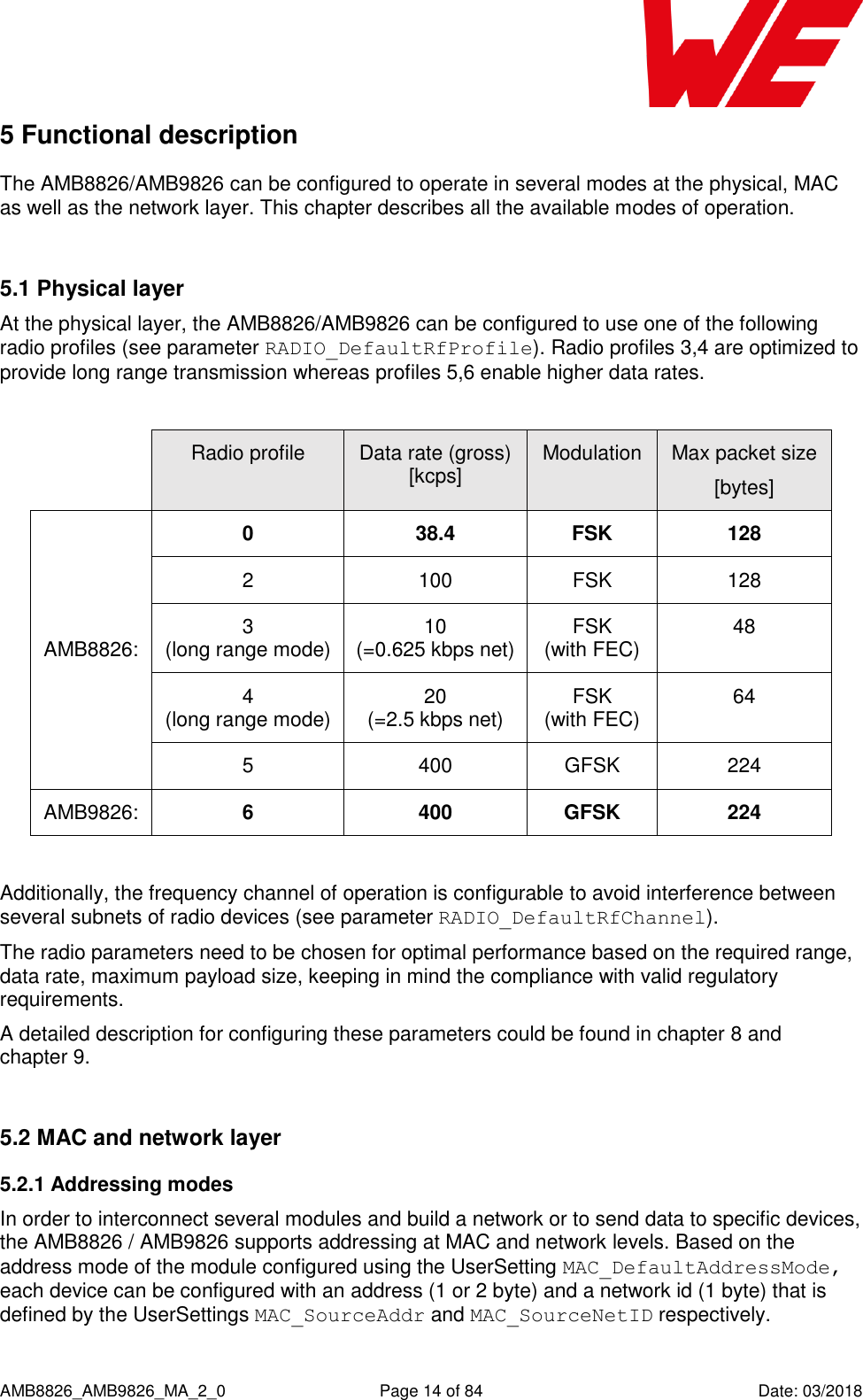      AMB8826_AMB9826_MA_2_0  Page 14 of 84  Date: 03/2018 5 Functional description The AMB8826/AMB9826 can be configured to operate in several modes at the physical, MAC as well as the network layer. This chapter describes all the available modes of operation.  5.1 Physical layer At the physical layer, the AMB8826/AMB9826 can be configured to use one of the following radio profiles (see parameter RADIO_DefaultRfProfile). Radio profiles 3,4 are optimized to provide long range transmission whereas profiles 5,6 enable higher data rates.   Radio profile Data rate (gross) [kcps] Modulation Max packet size [bytes] AMB8826: 0 38.4 FSK 128 2 100 FSK 128 3 (long range mode) 10 (=0.625 kbps net) FSK (with FEC) 48 4 (long range mode) 20 (=2.5 kbps net) FSK (with FEC) 64 5 400 GFSK 224 AMB9826: 6 400 GFSK 224  Additionally, the frequency channel of operation is configurable to avoid interference between several subnets of radio devices (see parameter RADIO_DefaultRfChannel).  The radio parameters need to be chosen for optimal performance based on the required range, data rate, maximum payload size, keeping in mind the compliance with valid regulatory requirements. A detailed description for configuring these parameters could be found in chapter 8 and chapter 9.  5.2 MAC and network layer 5.2.1 Addressing modes In order to interconnect several modules and build a network or to send data to specific devices, the AMB8826 / AMB9826 supports addressing at MAC and network levels. Based on the address mode of the module configured using the UserSetting MAC_DefaultAddressMode, each device can be configured with an address (1 or 2 byte) and a network id (1 byte) that is defined by the UserSettings MAC_SourceAddr and MAC_SourceNetID respectively.  