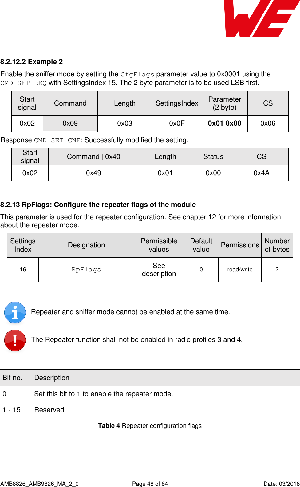      AMB8826_AMB9826_MA_2_0  Page 48 of 84  Date: 03/2018  8.2.12.2 Example 2 Enable the sniffer mode by setting the CfgFlags parameter value to 0x0001 using the CMD_SET_REQ with SettingsIndex 15. The 2 byte parameter is to be used LSB first. Start signal Command Length SettingsIndex Parameter (2 byte) CS 0x02 0x09 0x03 0x0F 0x01 0x00 0x06 Response CMD_SET_CNF: Successfully modified the setting. Start signal Command | 0x40 Length Status CS 0x02 0x49 0x01 0x00 0x4A  8.2.13 RpFlags: Configure the repeater flags of the module This parameter is used for the repeater configuration. See chapter 12 for more information about the repeater mode. SettingsIndex Designation Permissible values Default value Permissions Number of bytes 16 RpFlags See description 0 read/write 2   Repeater and sniffer mode cannot be enabled at the same time.  The Repeater function shall not be enabled in radio profiles 3 and 4.  Bit no. Description 0 Set this bit to 1 to enable the repeater mode. 1 - 15 Reserved Table 4 Repeater configuration flags  