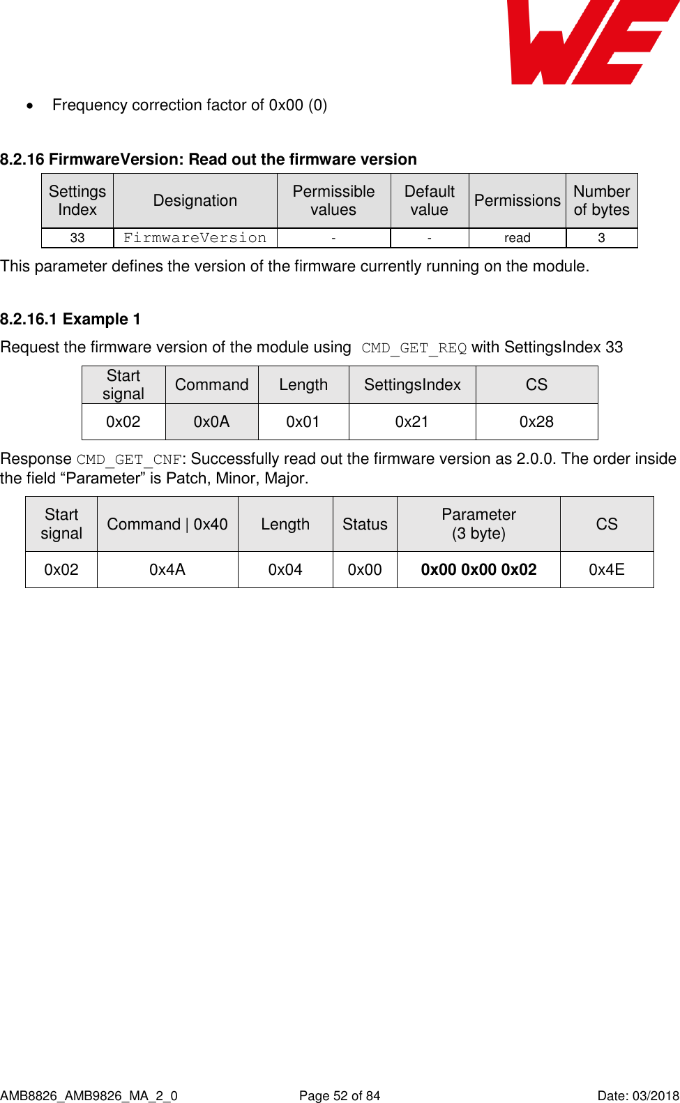      AMB8826_AMB9826_MA_2_0  Page 52 of 84  Date: 03/2018   Frequency correction factor of 0x00 (0)  8.2.16 FirmwareVersion: Read out the firmware version SettingsIndex Designation Permissible values Default value Permissions Number of bytes 33 FirmwareVersion - - read 3 This parameter defines the version of the firmware currently running on the module. 8.2.16.1 Example 1 Request the firmware version of the module using CMD_GET_REQ with SettingsIndex 33 Start signal Command Length SettingsIndex CS 0x02 0x0A 0x01 0x21 0x28 Response CMD_GET_CNF: Successfully read out the firmware version as 2.0.0. The order inside the field “Parameter” is Patch, Minor, Major. Start signal Command | 0x40 Length Status Parameter (3 byte) CS 0x02 0x4A 0x04 0x00 0x00 0x00 0x02 0x4E     