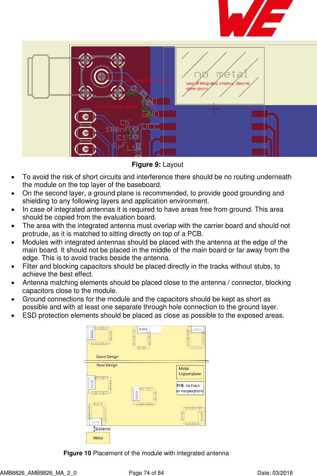      AMB8826_AMB9826_MA_2_0  Page 74 of 84  Date: 03/2018  Figure 9: Layout   To avoid the risk of short circuits and interference there should be no routing underneath the module on the top layer of the baseboard.   On the second layer, a ground plane is recommended, to provide good grounding and shielding to any following layers and application environment.    In case of integrated antennas it is required to have areas free from ground. This area should be copied from the evaluation board.   The area with the integrated antenna must overlap with the carrier board and should not protrude, as it is matched to sitting directly on top of a PCB.   Modules with integrated antennas should be placed with the antenna at the edge of the main board. It should not be placed in the middle of the main board or far away from the edge. This is to avoid tracks beside the antenna.    Filter and blocking capacitors should be placed directly in the tracks without stubs, to achieve the best effect.   Antenna matching elements should be placed close to the antenna / connector, blocking capacitors close to the module.   Ground connections for the module and the capacitors should be kept as short as possible and with at least one separate through hole connection to the ground layer.   ESD protection elements should be placed as close as possible to the exposed areas.  Figure 10 Placement of the module with integrated antenna 