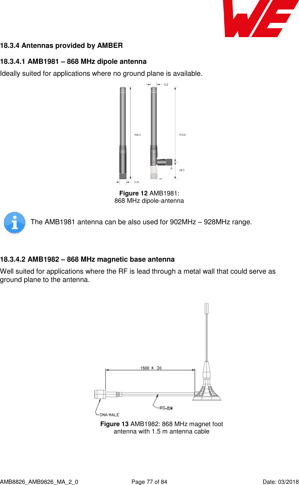      AMB8826_AMB9826_MA_2_0  Page 77 of 84  Date: 03/2018 18.3.4 Antennas provided by AMBER 18.3.4.1 AMB1981 – 868 MHz dipole antenna Ideally suited for applications where no ground plane is available.  Figure 12 AMB1981: 868 MHz dipole-antenna  The AMB1981 antenna can be also used for 902MHz – 928MHz range.   18.3.4.2 AMB1982 – 868 MHz magnetic base antenna  Well suited for applications where the RF is lead through a metal wall that could serve as ground plane to the antenna.     Figure 13 AMB1982: 868 MHz magnet foot  antenna with 1.5 m antenna cable  