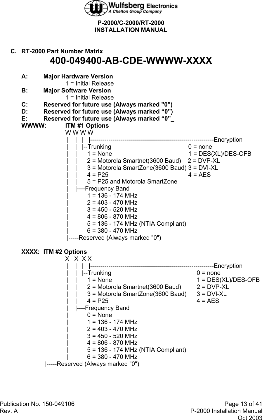  P-2000/C-2000/RT-2000 INSTALLATION MANUAL  Publication No. 150-049106  Page 13 of 41 Rev. A  P-2000 Installation Manual Oct 2003  C.  RT-2000 Part Number Matrix 400-049400-AB-CDE-WWWW-XXXX   A:  Major Hardware Version       1 = Initial Release   B:   Major Software Version    1 = Initial Release  C:  Reserved for future use (Always marked &quot;0&quot;)  D:  Reserved for future use (Always marked “0”)  E:  Reserved for future use (Always marked “0”_  WWWW:  ITM #1 Options    W W W W         |    |   |   |-------------------------------------------------------------Encryption        |    |   |--Trunking              0 = none        |    |  1 = None              1 = DES(XL)/DES-OFB        |    |  2 = Motorola Smartnet(3600 Baud)    2 = DVP-XL        |    |  3 = Motorola SmartZone(3600 Baud) 3 = DVI-XL        |    |  4 = P25               4 = AES        |    |  5 = P25 and Motorola SmartZone  |    |----Frequency Band        |   1 = 136 - 174 MHz         |  2 = 403 - 470 MHz        |  3 = 450 - 520 MHz        |  4 = 806 - 870 MHz        |  5 = 136 - 174 MHz (NTIA Compliant)        |  6 = 380 - 470 MHz        |-----Reserved (Always marked &quot;0&quot;)             XXXX:  ITM #2 Options X   X  X X         |    |   |   |-------------------------------------------------------------Encryption        |    |   |--Trunking        0 = none        |    |  1 = None        1 = DES(XL)/DES-OFB        |    |  2 = Motorola Smartnet(3600 Baud)  2 = DVP-XL        |    |  3 = Motorola SmartZone(3600 Baud)  3 = DVI-XL        |    |  4 = P25         4 = AES        |    |----Frequency Band     |  0 = None  |  1 = 136 - 174 MHz         |  2 = 403 - 470 MHz        |  3 = 450 - 520 MHz        |  4 = 806 - 870 MHz        |  5 = 136 - 174 MHz (NTIA Compliant)        |  6 = 380 - 470 MHz      |-----Reserved (Always marked &quot;0&quot;) 
