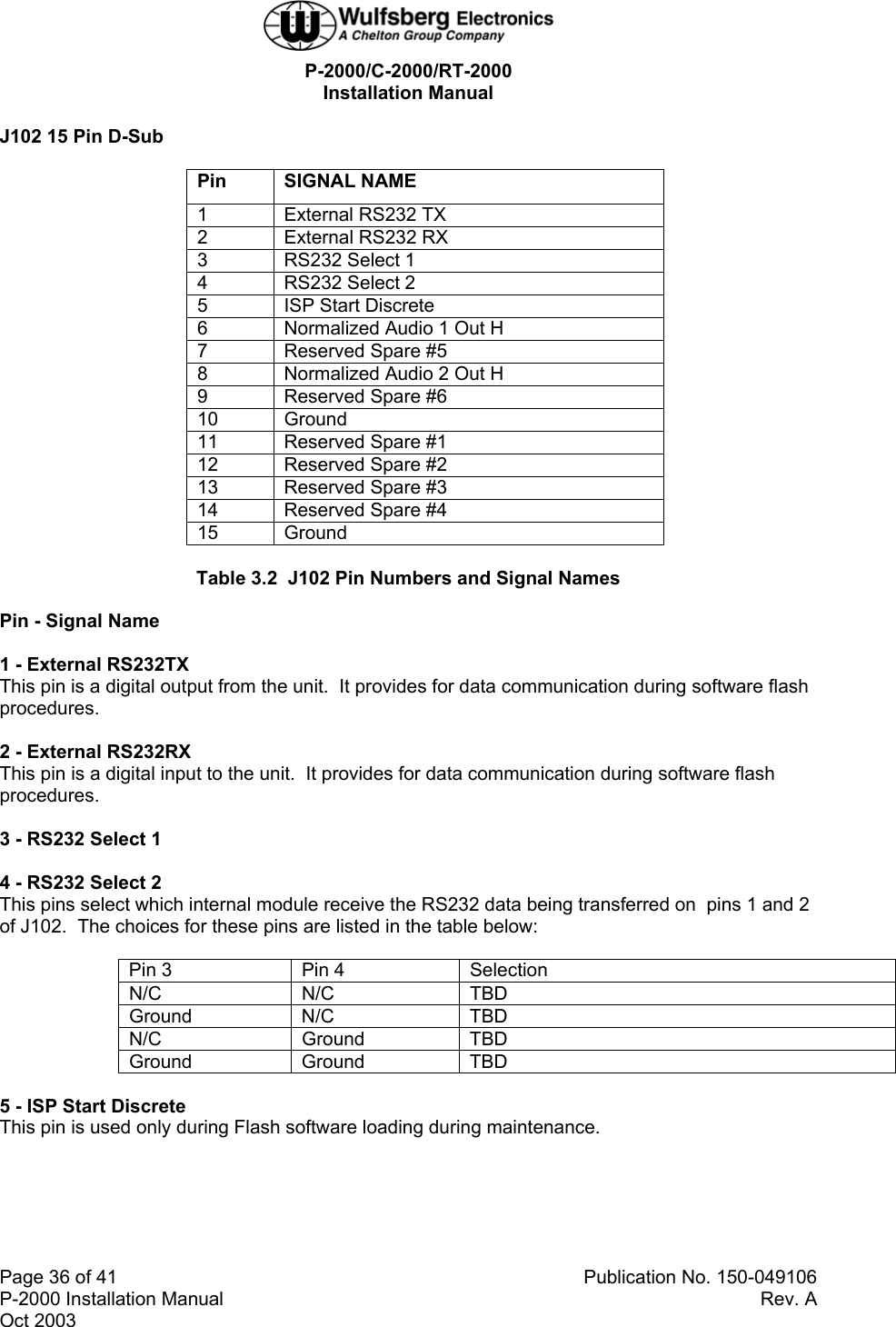  P-2000/C-2000/RT-2000 Installation Manual  Page 36 of 41   Publication No. 150-049106 P-2000 Installation Manual  Rev. A Oct 2003  J102 15 Pin D-Sub  Pin SIGNAL NAME 1  External RS232 TX 2  External RS232 RX 3  RS232 Select 1 4  RS232 Select 2 5  ISP Start Discrete 6  Normalized Audio 1 Out H 7  Reserved Spare #5 8  Normalized Audio 2 Out H 9  Reserved Spare #6 10 Ground 11  Reserved Spare #1 12  Reserved Spare #2 13  Reserved Spare #3 14  Reserved Spare #4 15 Ground  Table 3.2  J102 Pin Numbers and Signal Names  Pin - Signal Name  1 - External RS232TX This pin is a digital output from the unit.  It provides for data communication during software flash procedures.  2 - External RS232RX This pin is a digital input to the unit.  It provides for data communication during software flash procedures.  3 - RS232 Select 1  4 - RS232 Select 2 This pins select which internal module receive the RS232 data being transferred on  pins 1 and 2 of J102.  The choices for these pins are listed in the table below:  Pin 3  Pin 4  Selection N/C N/C TBD Ground N/C  TBD N/C Ground TBD Ground Ground TBD  5 - ISP Start Discrete This pin is used only during Flash software loading during maintenance.   