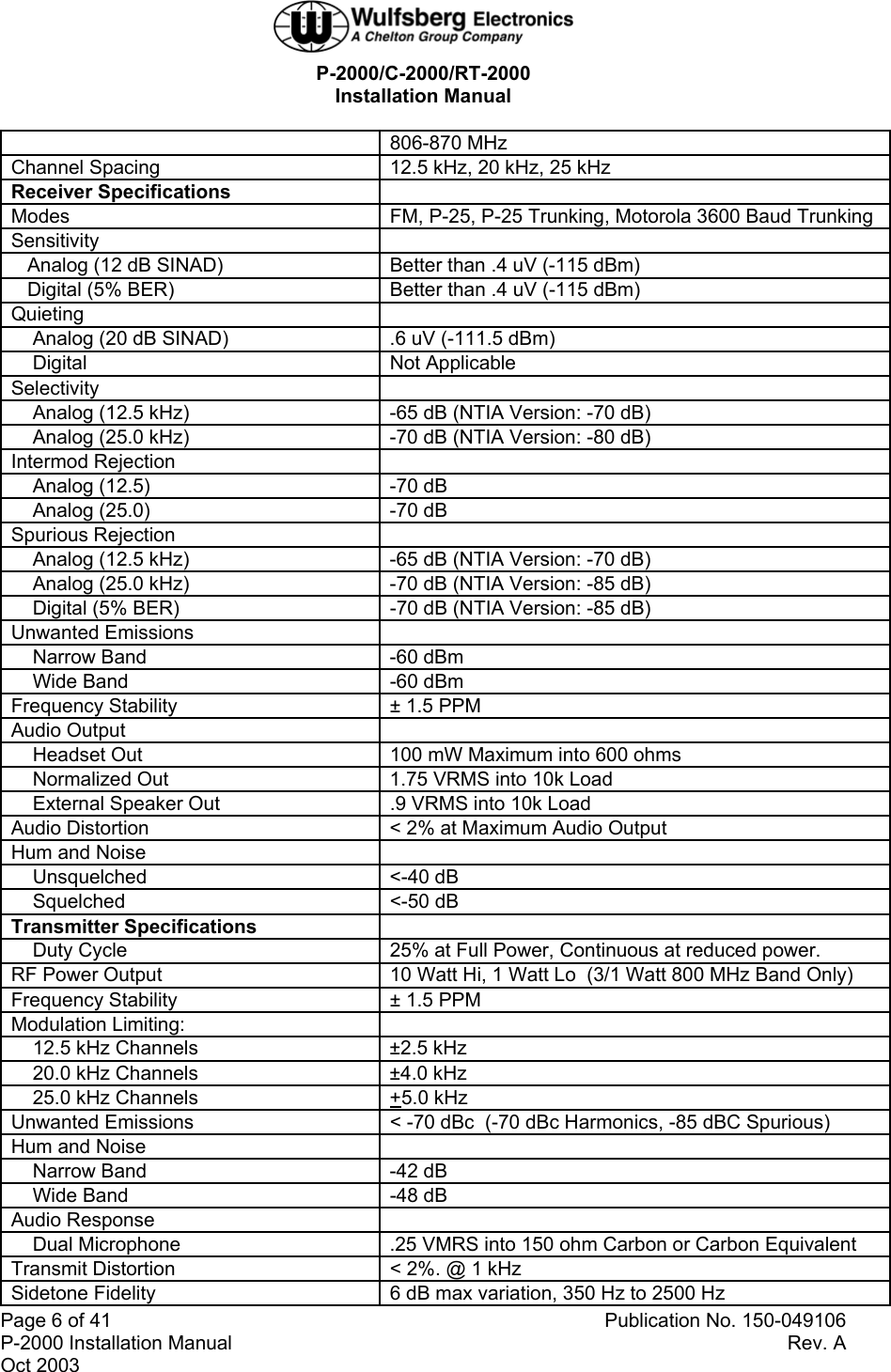  P-2000/C-2000/RT-2000 Installation Manual  Page 6 of 41   Publication No. 150-049106 P-2000 Installation Manual  Rev. A Oct 2003     806-870 MHz Channel Spacing  12.5 kHz, 20 kHz, 25 kHz Receiver Specifications   Modes  FM, P-25, P-25 Trunking, Motorola 3600 Baud Trunking Sensitivity     Analog (12 dB SINAD)  Better than .4 uV (-115 dBm)    Digital (5% BER)  Better than .4 uV (-115 dBm) Quieting      Analog (20 dB SINAD)  .6 uV (-111.5 dBm)     Digital  Not Applicable Selectivity      Analog (12.5 kHz)  -65 dB (NTIA Version: -70 dB)     Analog (25.0 kHz)  -70 dB (NTIA Version: -80 dB) Intermod Rejection       Analog (12.5)  -70 dB     Analog (25.0)  -70 dB Spurious Rejection       Analog (12.5 kHz)  -65 dB (NTIA Version: -70 dB)     Analog (25.0 kHz)  -70 dB (NTIA Version: -85 dB)     Digital (5% BER)  -70 dB (NTIA Version: -85 dB) Unwanted Emissions       Narrow Band  -60 dBm     Wide Band  -60 dBm Frequency Stability  ± 1.5 PPM Audio Output       Headset Out  100 mW Maximum into 600 ohms      Normalized Out  1.75 VRMS into 10k Load     External Speaker Out  .9 VRMS into 10k Load Audio Distortion  &lt; 2% at Maximum Audio Output Hum and Noise       Unsquelched  &lt;-40 dB     Squelched  &lt;-50 dB Transmitter Specifications       Duty Cycle  25% at Full Power, Continuous at reduced power. RF Power Output  10 Watt Hi, 1 Watt Lo  (3/1 Watt 800 MHz Band Only) Frequency Stability  ± 1.5 PPM Modulation Limiting:       12.5 kHz Channels  ±2.5 kHz      20.0 kHz Channels  ±4.0 kHz     25.0 kHz Channels  +5.0 kHz Unwanted Emissions  &lt; -70 dBc  (-70 dBc Harmonics, -85 dBC Spurious) Hum and Noise       Narrow Band  -42 dB     Wide Band  -48 dB Audio Response       Dual Microphone  .25 VMRS into 150 ohm Carbon or Carbon Equivalent  Transmit Distortion  &lt; 2%. @ 1 kHz Sidetone Fidelity  6 dB max variation, 350 Hz to 2500 Hz 