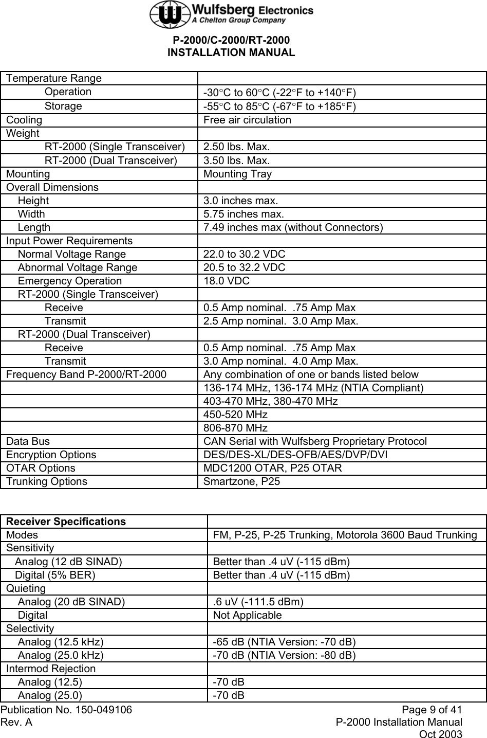  P-2000/C-2000/RT-2000 INSTALLATION MANUAL  Publication No. 150-049106  Page 9 of 41 Rev. A  P-2000 Installation Manual Oct 2003  Temperature Range    Operation  -30°C to 60°C (-22°F to +140°F)  Storage  -55°C to 85°C (-67°F to +185°F) Cooling  Free air circulation Weight    RT-2000 (Single Transceiver)  2.50 lbs. Max.   RT-2000 (Dual Transceiver)  3.50 lbs. Max. Mounting Mounting Tray Overall Dimensions       Height  3.0 inches max.     Width  5.75 inches max.     Length   7.49 inches max (without Connectors) Input Power Requirements       Normal Voltage Range  22.0 to 30.2 VDC     Abnormal Voltage Range  20.5 to 32.2 VDC     Emergency Operation  18.0 VDC     RT-2000 (Single Transceiver)     Receive  0.5 Amp nominal.  .75 Amp Max   Transmit  2.5 Amp nominal.  3.0 Amp Max.     RT-2000 (Dual Transceiver)     Receive  0.5 Amp nominal.  .75 Amp Max   Transmit  3.0 Amp nominal.  4.0 Amp Max. Frequency Band P-2000/RT-2000  Any combination of one or bands listed below   136-174 MHz, 136-174 MHz (NTIA Compliant)   403-470 MHz, 380-470 MHz  450-520 MHz    806-870 MHz Data Bus                             CAN Serial with Wulfsberg Proprietary Protocol Encryption Options  DES/DES-XL/DES-OFB/AES/DVP/DVI OTAR Options  MDC1200 OTAR, P25 OTAR Trunking Options  Smartzone, P25  Receiver Specifications   Modes  FM, P-25, P-25 Trunking, Motorola 3600 Baud Trunking Sensitivity     Analog (12 dB SINAD)  Better than .4 uV (-115 dBm)    Digital (5% BER)  Better than .4 uV (-115 dBm) Quieting      Analog (20 dB SINAD)  .6 uV (-111.5 dBm)     Digital  Not Applicable Selectivity      Analog (12.5 kHz)  -65 dB (NTIA Version: -70 dB)     Analog (25.0 kHz)  -70 dB (NTIA Version: -80 dB) Intermod Rejection       Analog (12.5)  -70 dB     Analog (25.0)  -70 dB 