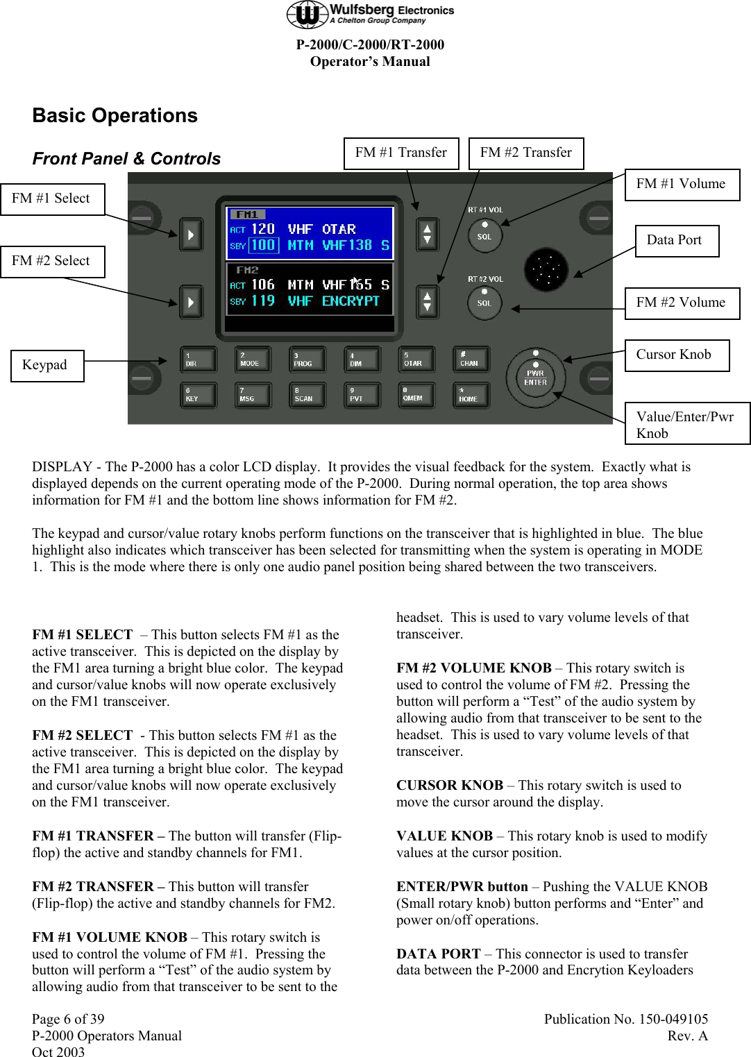  P-2000/C-2000/RT-2000 Operator’s Manual  Page 6 of 39  Publication No. 150-049105 P-2000 Operators Manual  Rev. A Oct 2003 Basic Operations Front Panel &amp; Controls   DISPLAY - The P-2000 has a color LCD display.  It provides the visual feedback for the system.  Exactly what is displayed depends on the current operating mode of the P-2000.  During normal operation, the top area shows information for FM #1 and the bottom line shows information for FM #2.  The keypad and cursor/value rotary knobs perform functions on the transceiver that is highlighted in blue.  The blue highlight also indicates which transceiver has been selected for transmitting when the system is operating in MODE 1.  This is the mode where there is only one audio panel position being shared between the two transceivers.  FM #1 SELECT  – This button selects FM #1 as the active transceiver.  This is depicted on the display by the FM1 area turning a bright blue color.  The keypad and cursor/value knobs will now operate exclusively on the FM1 transceiver. FM #2 SELECT  - This button selects FM #1 as the active transceiver.  This is depicted on the display by the FM1 area turning a bright blue color.  The keypad and cursor/value knobs will now operate exclusively on the FM1 transceiver. FM #1 TRANSFER – The button will transfer (Flip-flop) the active and standby channels for FM1. FM #2 TRANSFER – This button will transfer (Flip-flop) the active and standby channels for FM2. FM #1 VOLUME KNOB – This rotary switch is used to control the volume of FM #1.  Pressing the button will perform a “Test” of the audio system by allowing audio from that transceiver to be sent to the headset.  This is used to vary volume levels of that transceiver.   FM #2 VOLUME KNOB – This rotary switch is used to control the volume of FM #2.  Pressing the button will perform a “Test” of the audio system by allowing audio from that transceiver to be sent to the headset.  This is used to vary volume levels of that transceiver.   CURSOR KNOB – This rotary switch is used to move the cursor around the display. VALUE KNOB – This rotary knob is used to modify values at the cursor position.  ENTER/PWR button – Pushing the VALUE KNOB (Small rotary knob) button performs and “Enter” and power on/off operations. DATA PORT – This connector is used to transfer data between the P-2000 and Encrytion Keyloaders FM #1 Select FM #2 Select FM #1 Volume FM #2 Volume Data Port Cursor Knob Keypad FM #1 Transfer FM #2 Transfer Value/Enter/Pwr Knob