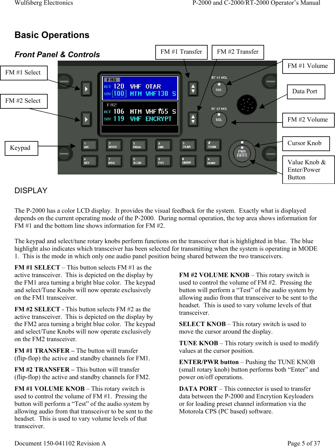 Wulfsberg Electronics P-2000 and C-2000/RT-2000 Operator’s ManualDocument 150-041102 Revision A Page 5 of 37Basic OperationsFront Panel &amp; ControlsDISPLAYThe P-2000 has a color LCD display.  It provides the visual feedback for the system.  Exactly what is displayeddepends on the current operating mode of the P-2000.  During normal operation, the top area shows information forFM #1 and the bottom line shows information for FM #2.The keypad and select/tune rotary knobs perform functions on the transceiver that is highlighted in blue.  The bluehighlight also indicates which transceiver has been selected for transmitting when the system is operating in MODE1.  This is the mode in which only one audio panel position being shared between the two transceivers.FM #1 SELECT – This button selects FM #1 as theactive transceiver.  This is depicted on the display bythe FM1 area turning a bright blue color.  The keypadand select/Tune Knobs will now operate exclusivelyon the FM1 transceiver.FM #2 SELECT - This button selects FM #2 as theactive transceiver.  This is depicted on the display bythe FM2 area turning a bright blue color.  The keypadand select/Tune Knobs will now operate exclusivelyon the FM2 transceiver.FM #1 TRANSFER – The button will transfer(flip-flop) the active and standby channels for FM1.FM #2 TRANSFER – This button will transfer(flip-flop) the active and standby channels for FM2.FM #1 VOLUME KNOB – This rotary switch isused to control the volume of FM #1.  Pressing thebutton will perform a “Test” of the audio system byallowing audio from that transceiver to be sent to theheadset.  This is used to vary volume levels of thattransceiver.FM #2 VOLUME KNOB – This rotary switch isused to control the volume of FM #2.  Pressing thebutton will perform a “Test” of the audio system byallowing audio from that transceiver to be sent to theheadset.  This is used to vary volume levels of thattransceiver.SELECT KNOB – This rotary switch is used tomove the cursor around the display.TUNE KNOB – This rotary switch is used to modifyvalues at the cursor position.ENTER/PWR button – Pushing the TUNE KNOB(small rotary knob) button performs both “Enter” andpower on/off operations.DATA PORT – This connector is used to transferdata between the P-2000 and Encrytion Keyloadersor for loading preset channel information via theMotorola CPS (PC based) software.FM #1 SelectFM #2 SelectFM #1 VolumeFM #2 VolumeData PortCursor KnobKeypadFM #1 Transfer FM #2 TransferValue Knob &amp;Enter/PowerButton
