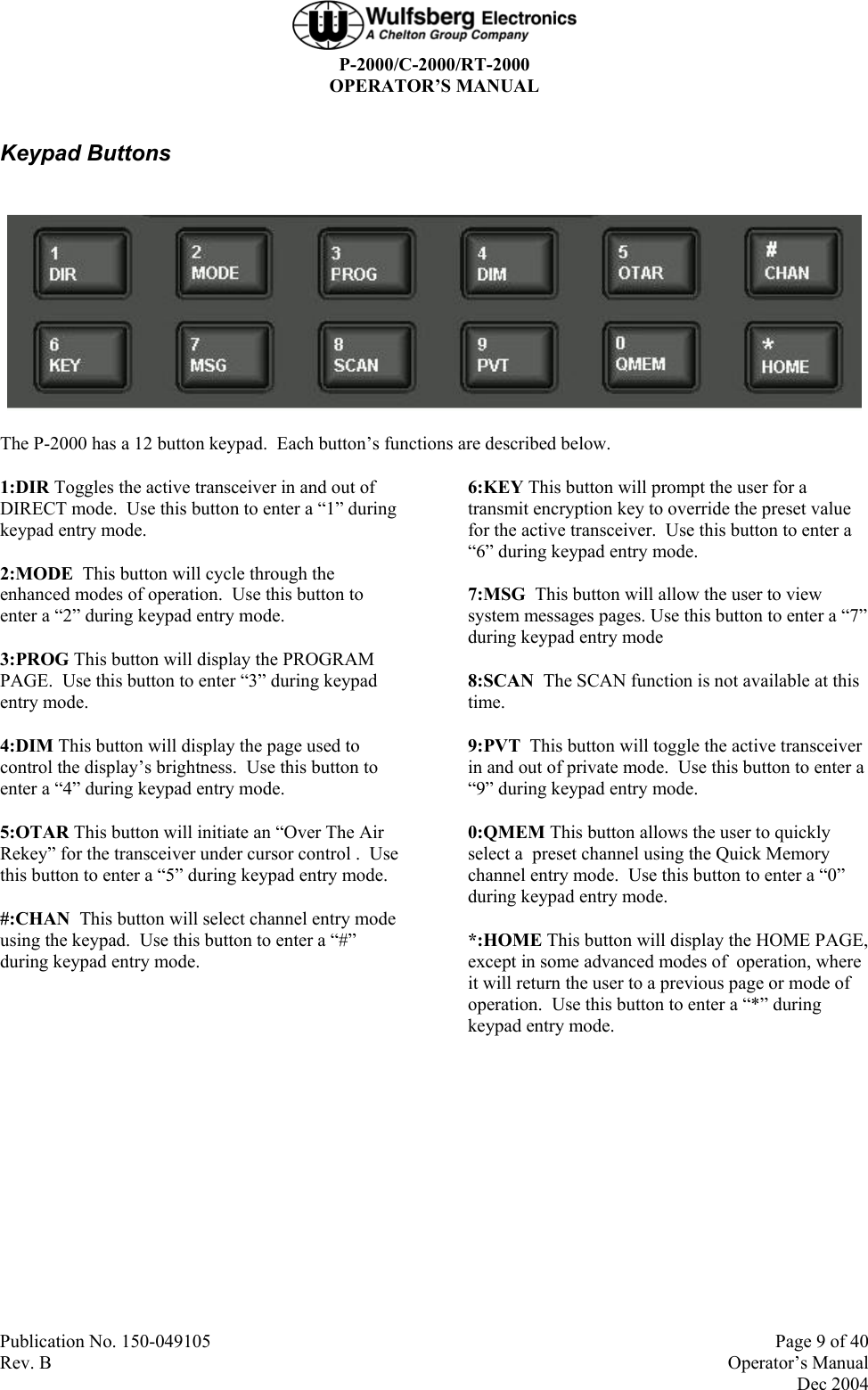  P-2000/C-2000/RT-2000 OPERATOR’S MANUAL  Publication No. 150-049105  Page 9 of 40 Rev. B  Operator’s Manual  Dec 2004 Keypad Buttons   The P-2000 has a 12 button keypad.  Each button’s functions are described below. 1:DIR Toggles the active transceiver in and out of DIRECT mode.  Use this button to enter a “1” during keypad entry mode. 2:MODE  This button will cycle through the enhanced modes of operation.  Use this button to enter a “2” during keypad entry mode. 3:PROG This button will display the PROGRAM PAGE.  Use this button to enter “3” during keypad entry mode. 4:DIM This button will display the page used to control the display’s brightness.  Use this button to enter a “4” during keypad entry mode. 5:OTAR This button will initiate an “Over The Air Rekey” for the transceiver under cursor control .  Use this button to enter a “5” during keypad entry mode. #:CHAN  This button will select channel entry mode using the keypad.  Use this button to enter a “#” during keypad entry mode.   6:KEY This button will prompt the user for a transmit encryption key to override the preset value for the active transceiver.  Use this button to enter a “6” during keypad entry mode. 7:MSG  This button will allow the user to view system messages pages. Use this button to enter a “7” during keypad entry mode 8:SCAN  The SCAN function is not available at this time. 9:PVT  This button will toggle the active transceiver in and out of private mode.  Use this button to enter a “9” during keypad entry mode. 0:QMEM This button allows the user to quickly select a  preset channel using the Quick Memory channel entry mode.  Use this button to enter a “0” during keypad entry mode. *:HOME This button will display the HOME PAGE, except in some advanced modes of  operation, where it will return the user to a previous page or mode of operation.  Use this button to enter a “*” during keypad entry mode.  