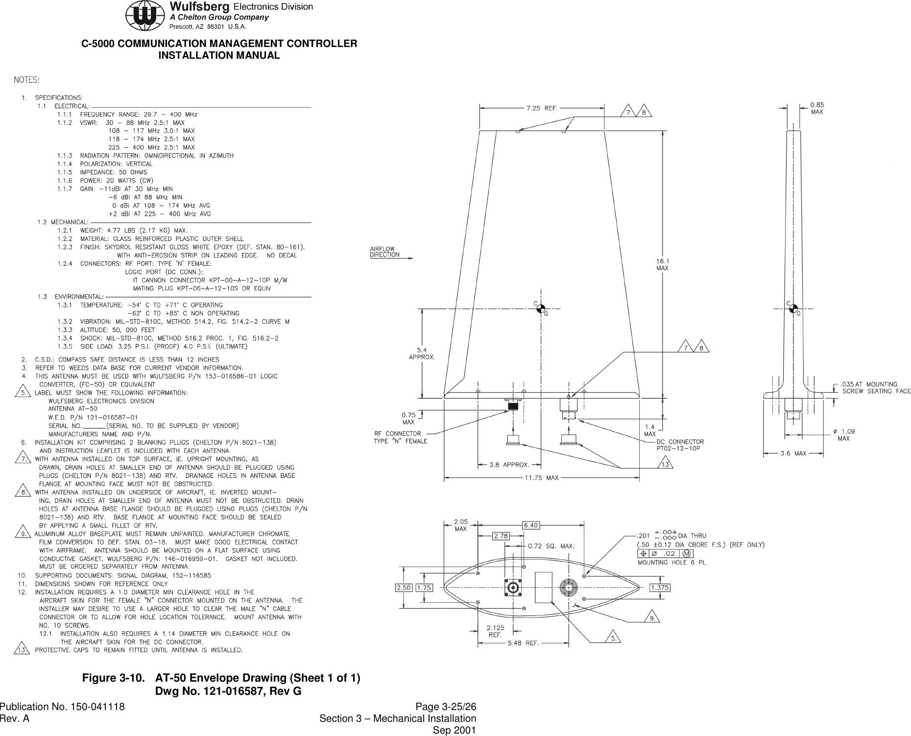 C-5000 COMMUNICATION MANAGEMENT CONTROLLERINSTALLATION MANUALPublication No. 150-041118 Page 3-25/26Rev. A Section 3 – Mechanical InstallationSep 2001Figure 3-10. AT-50 Envelope Drawing (Sheet 1 of 1)Dwg No. 121-016587, Rev G