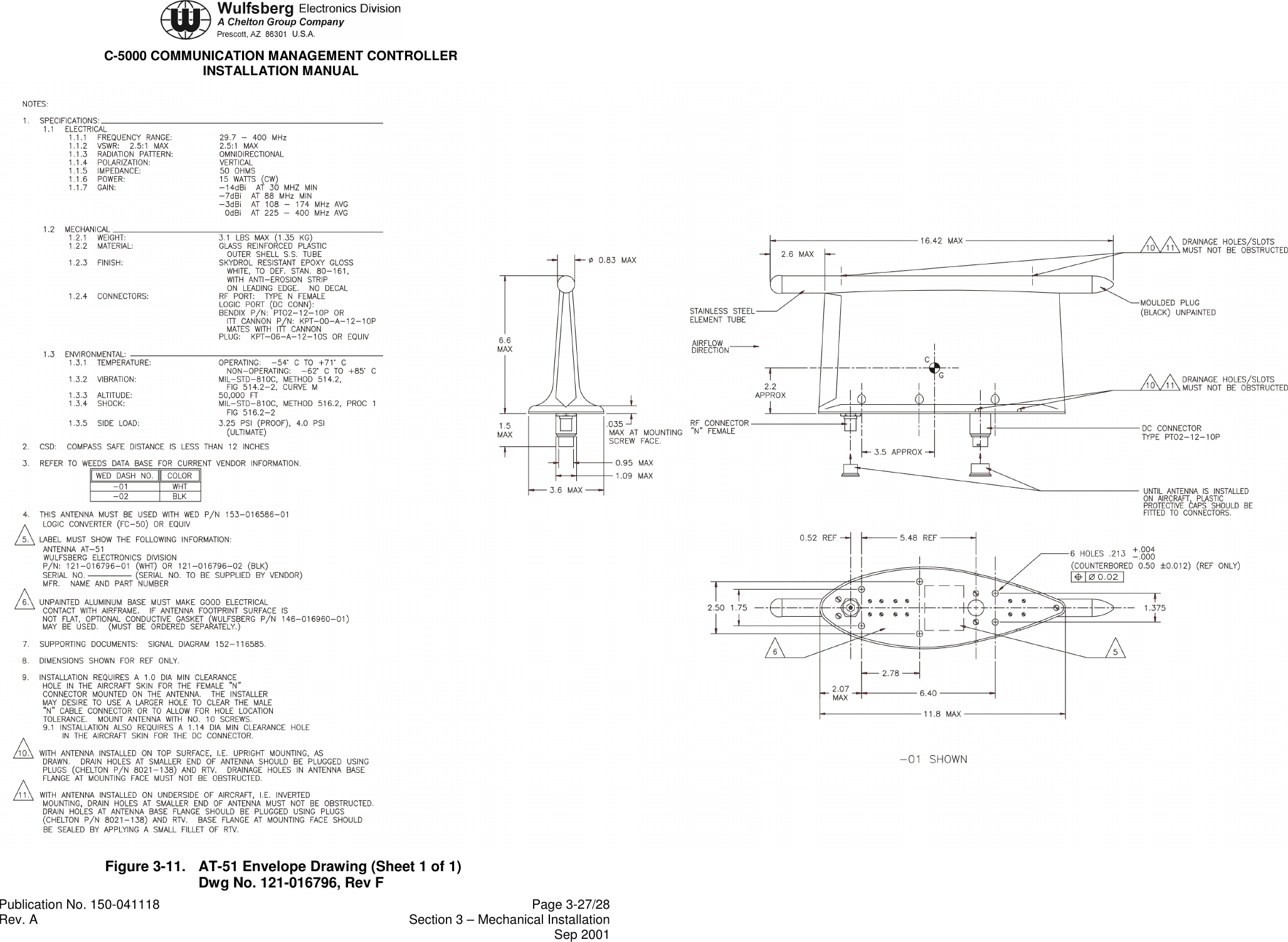 C-5000 COMMUNICATION MANAGEMENT CONTROLLERINSTALLATION MANUALPublication No. 150-041118 Page 3-27/28Rev. A Section 3 – Mechanical InstallationSep 2001Figure 3-11. AT-51 Envelope Drawing (Sheet 1 of 1)Dwg No. 121-016796, Rev F
