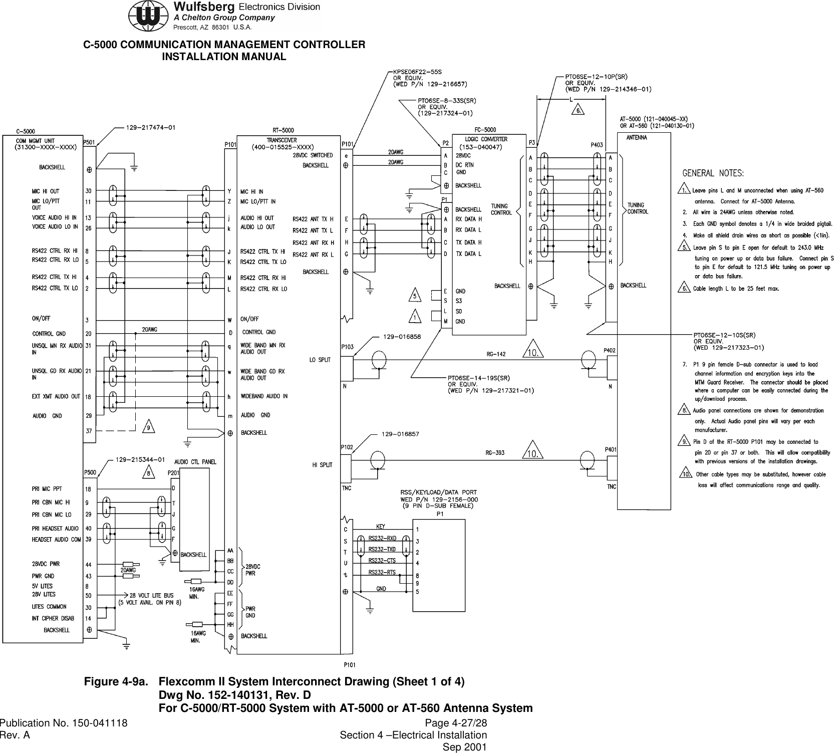 C-5000 COMMUNICATION MANAGEMENT CONTROLLERINSTALLATION MANUALPublication No. 150-041118 Page 4-27/28Rev. A Section 4 –Electrical InstallationSep 2001Figure 4-9a. Flexcomm II System Interconnect Drawing (Sheet 1 of 4)Dwg No. 152-140131, Rev. DFor C-5000/RT-5000 System with AT-5000 or AT-560 Antenna System