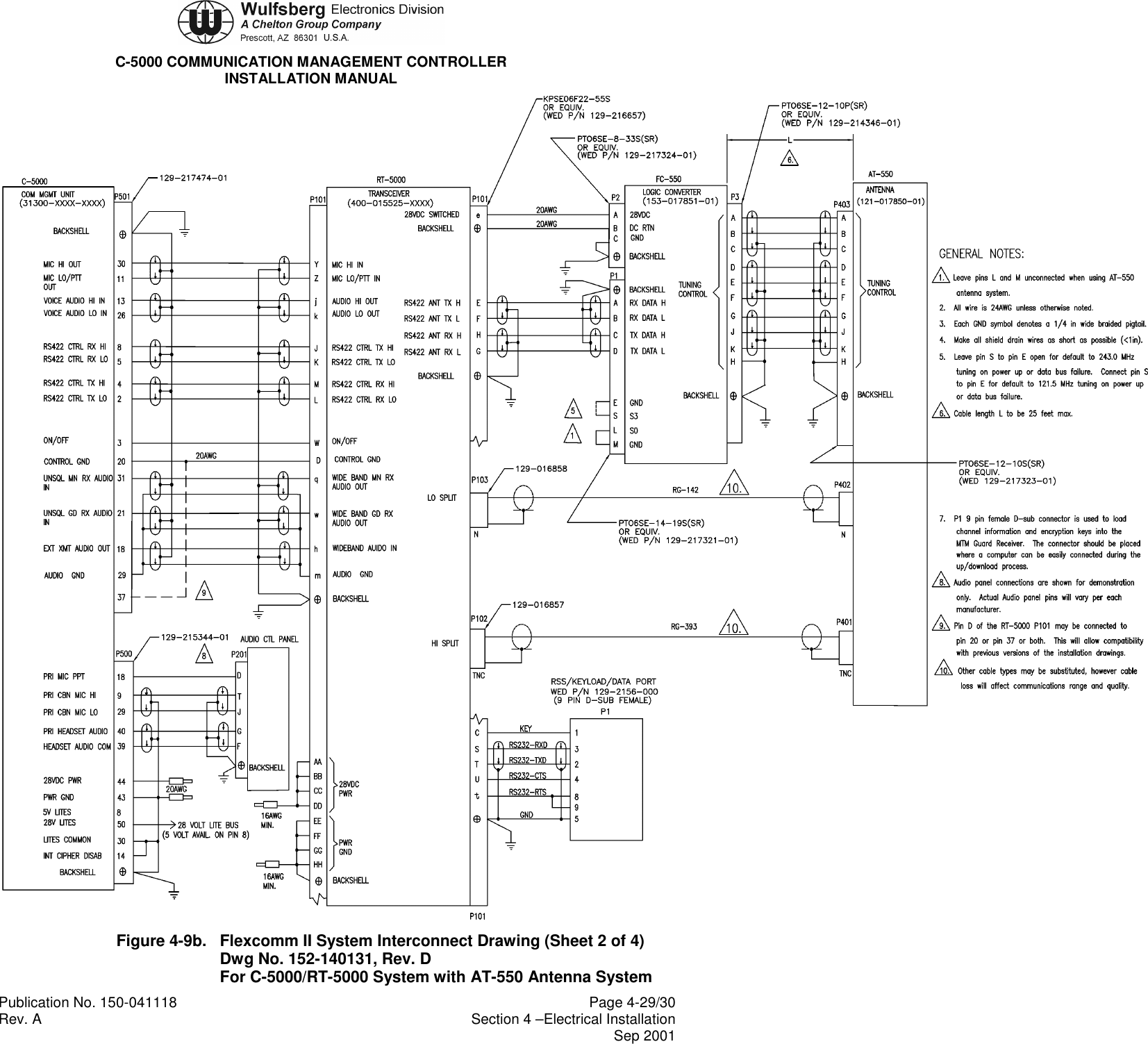 C-5000 COMMUNICATION MANAGEMENT CONTROLLERINSTALLATION MANUALPublication No. 150-041118 Page 4-29/30Rev. A Section 4 –Electrical InstallationSep 2001Figure 4-9b. Flexcomm II System Interconnect Drawing (Sheet 2 of 4)Dwg No. 152-140131, Rev. DFor C-5000/RT-5000 System with AT-550 Antenna System