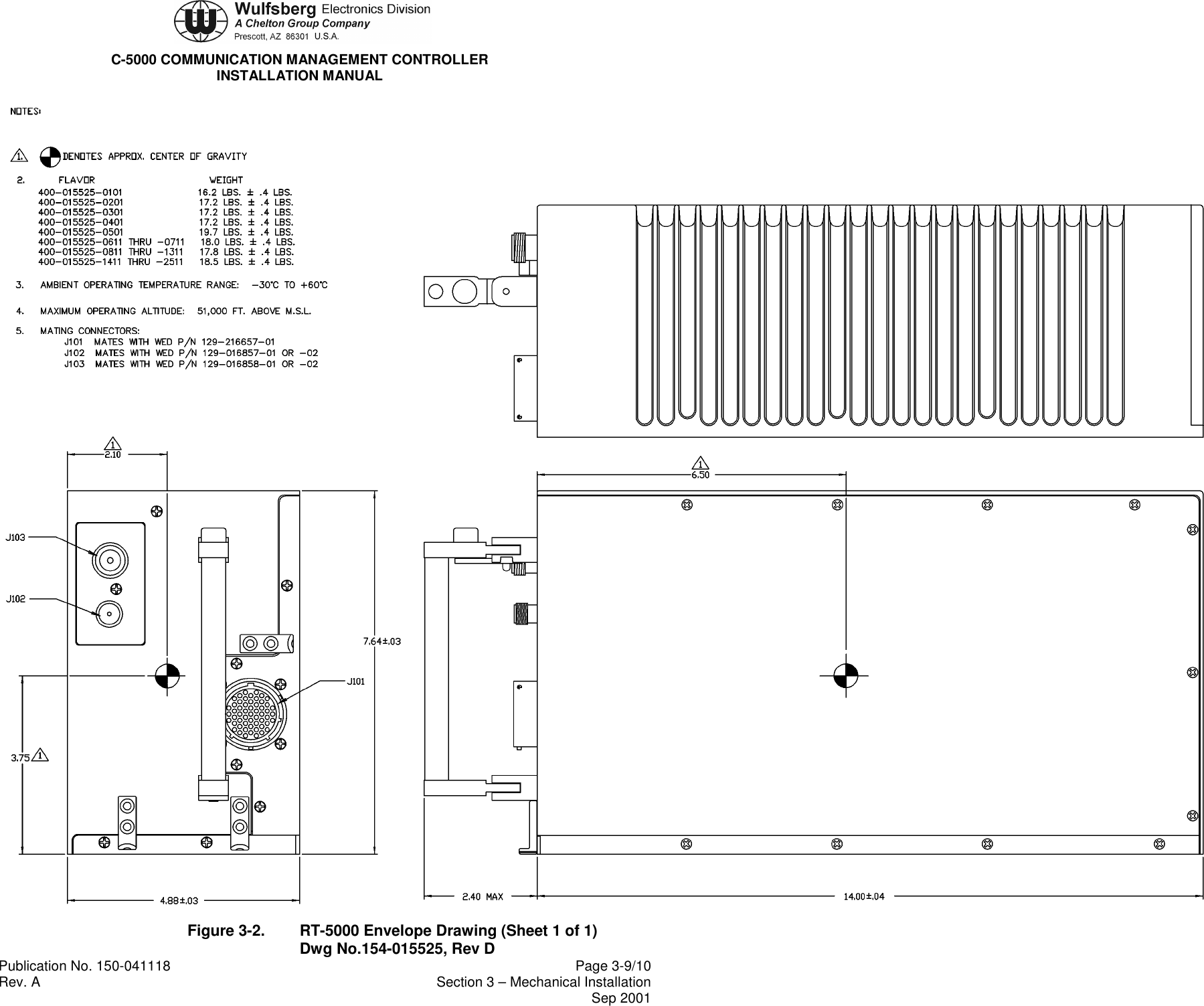 C-5000 COMMUNICATION MANAGEMENT CONTROLLERINSTALLATION MANUALPublication No. 150-041118 Page 3-9/10Rev. A Section 3 – Mechanical InstallationSep 2001Figure 3-2. RT-5000 Envelope Drawing (Sheet 1 of 1)Dwg No.154-015525, Rev D