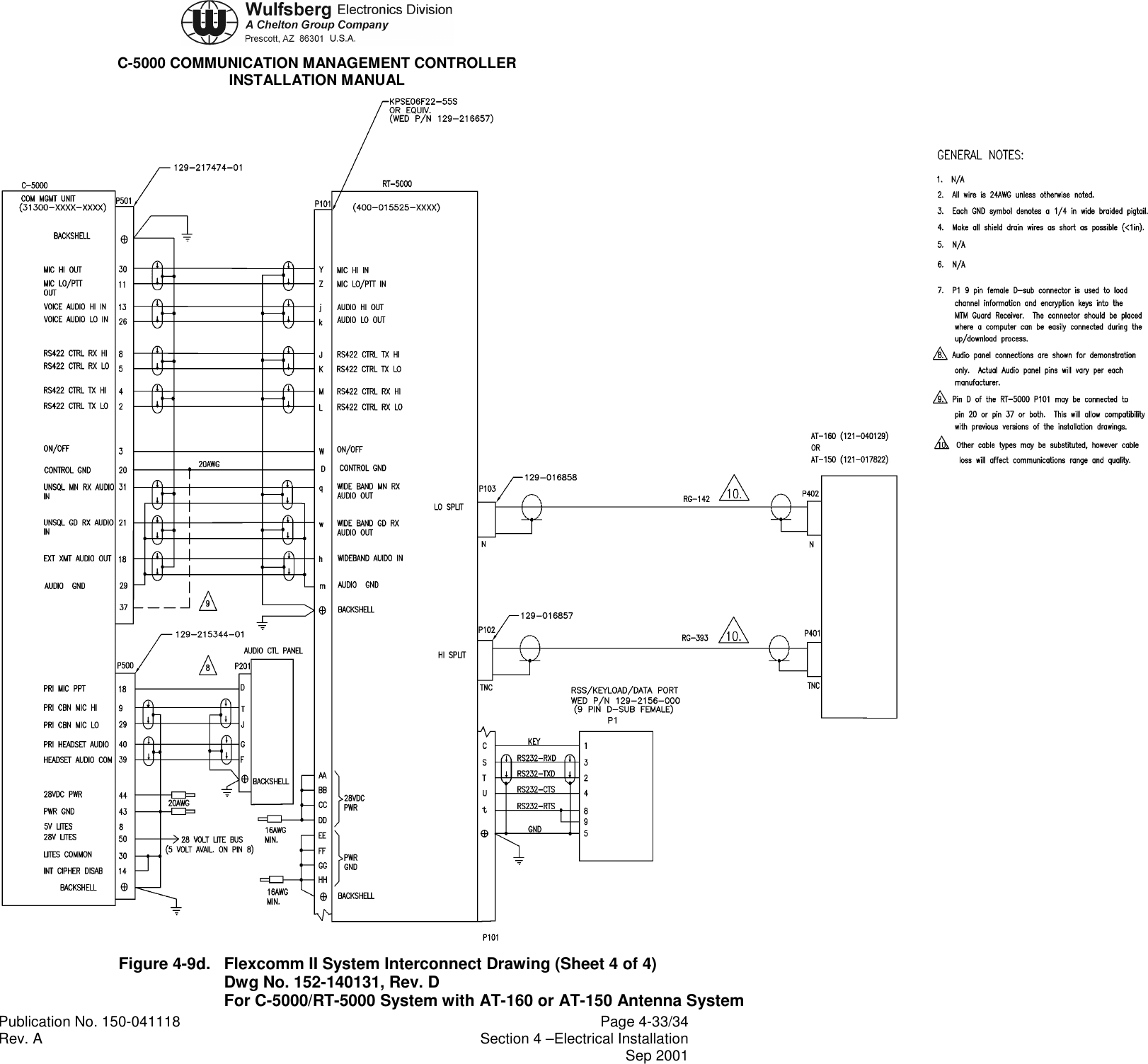 C-5000 COMMUNICATION MANAGEMENT CONTROLLERINSTALLATION MANUALPublication No. 150-041118 Page 4-33/34Rev. A Section 4 –Electrical InstallationSep 2001Figure 4-9d. Flexcomm II System Interconnect Drawing (Sheet 4 of 4)Dwg No. 152-140131, Rev. DFor C-5000/RT-5000 System with AT-160 or AT-150 Antenna System