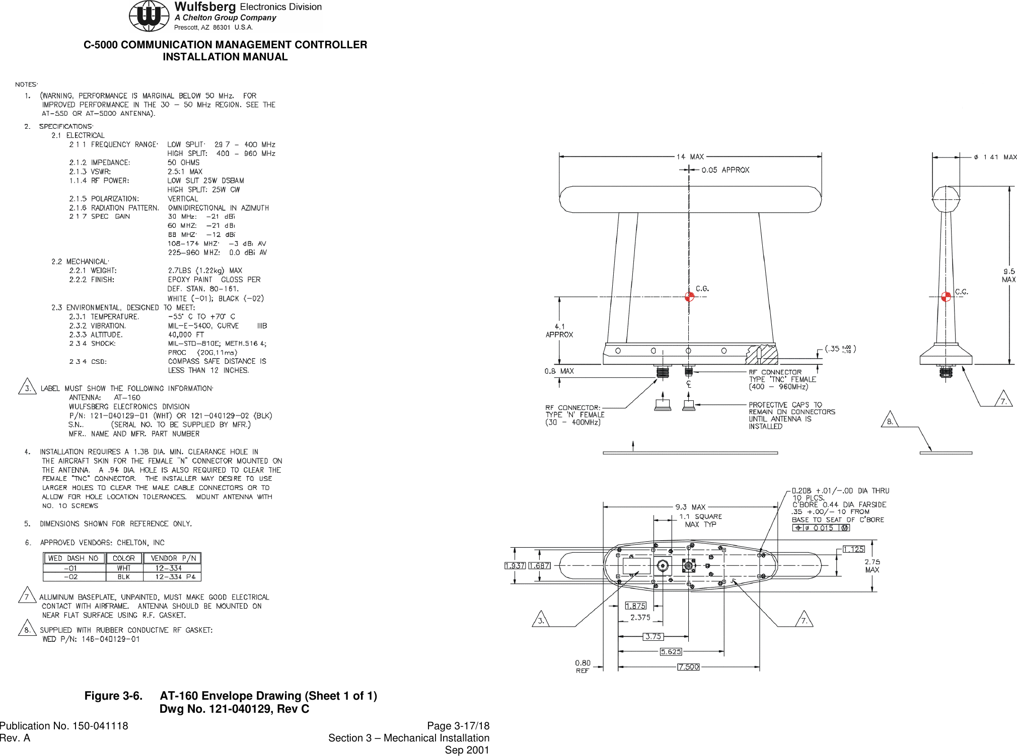 C-5000 COMMUNICATION MANAGEMENT CONTROLLERINSTALLATION MANUALPublication No. 150-041118 Page 3-17/18Rev. A Section 3 – Mechanical InstallationSep 2001Figure 3-6. AT-160 Envelope Drawing (Sheet 1 of 1)Dwg No. 121-040129, Rev C