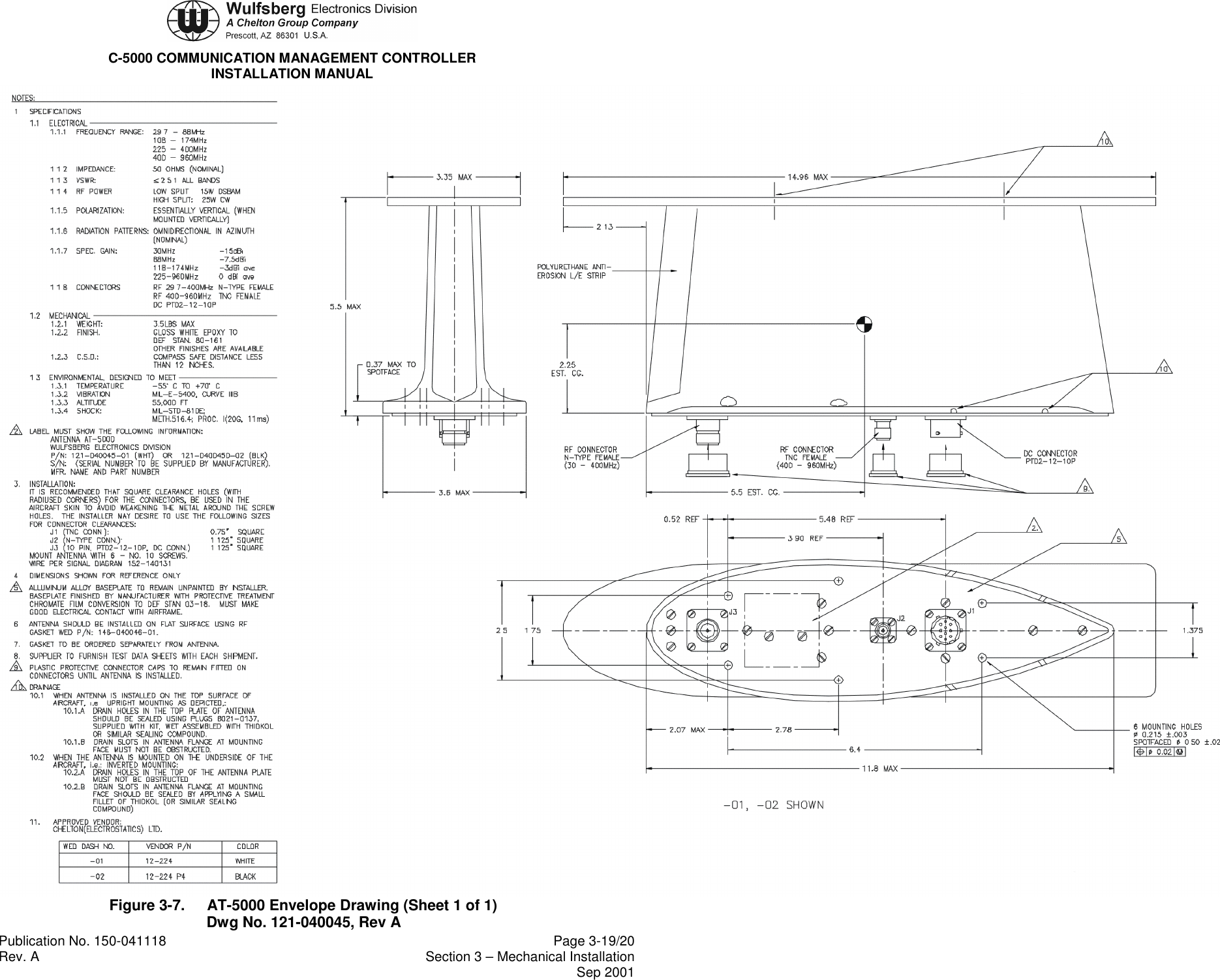 C-5000 COMMUNICATION MANAGEMENT CONTROLLERINSTALLATION MANUALPublication No. 150-041118 Page 3-19/20Rev. A Section 3 – Mechanical InstallationSep 2001Figure 3-7. AT-5000 Envelope Drawing (Sheet 1 of 1)Dwg No. 121-040045, Rev A