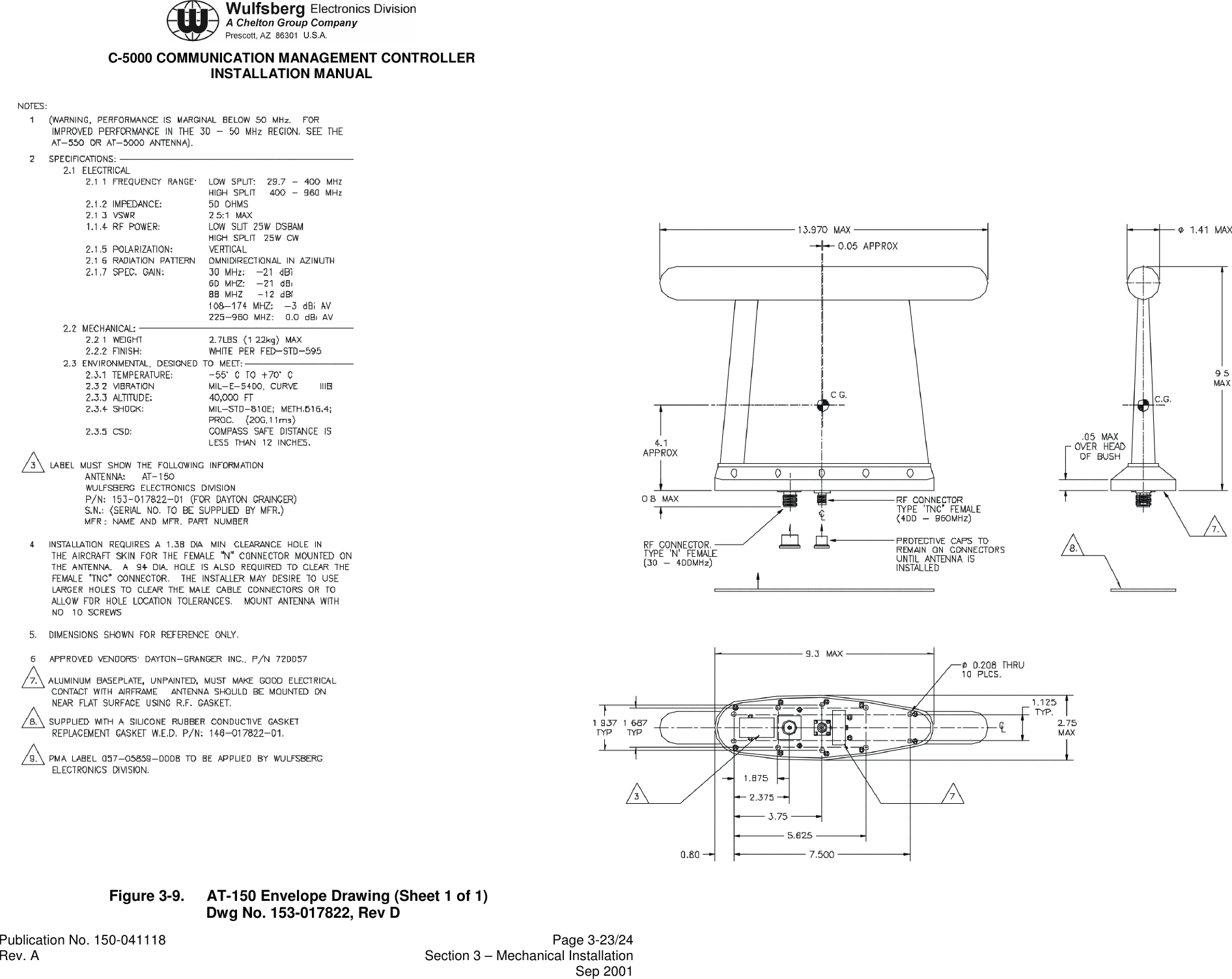 C-5000 COMMUNICATION MANAGEMENT CONTROLLERINSTALLATION MANUALPublication No. 150-041118 Page 3-23/24Rev. A Section 3 – Mechanical InstallationSep 2001Figure 3-9. AT-150 Envelope Drawing (Sheet 1 of 1)Dwg No. 153-017822, Rev D