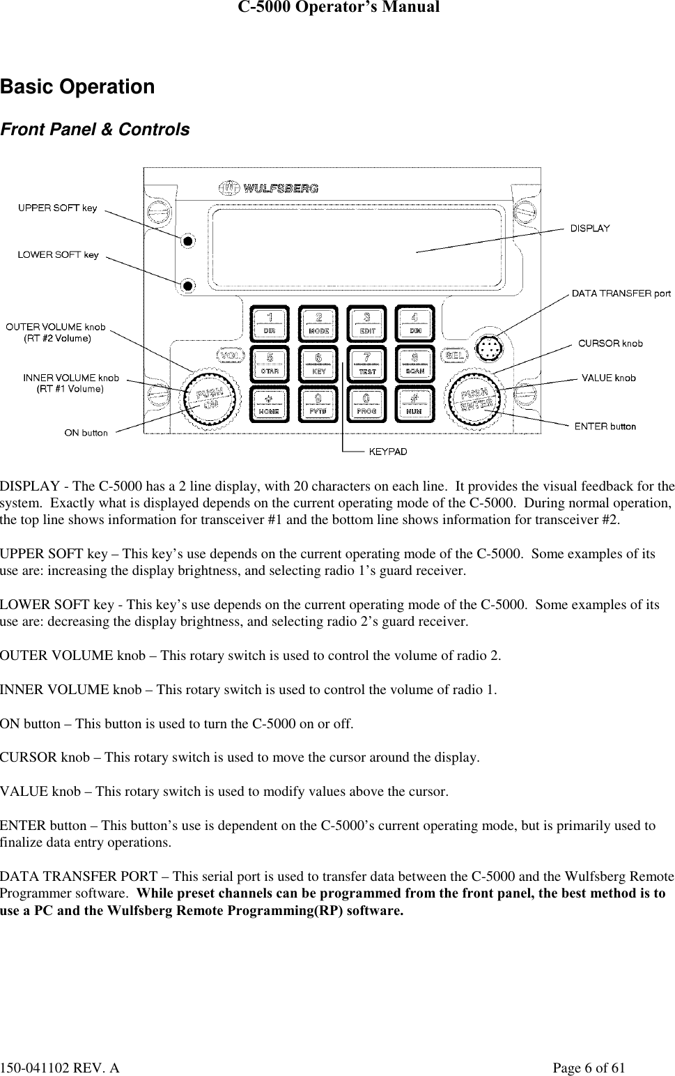 C-5000 Operator’s Manual150-041102 REV. A Page 6 of 61Basic OperationFront Panel &amp; ControlsDISPLAY - The C-5000 has a 2 line display, with 20 characters on each line.  It provides the visual feedback for thesystem.  Exactly what is displayed depends on the current operating mode of the C-5000.  During normal operation,the top line shows information for transceiver #1 and the bottom line shows information for transceiver #2.UPPER SOFT key – This key’s use depends on the current operating mode of the C-5000.  Some examples of itsuse are: increasing the display brightness, and selecting radio 1’s guard receiver.LOWER SOFT key - This key’s use depends on the current operating mode of the C-5000.  Some examples of itsuse are: decreasing the display brightness, and selecting radio 2’s guard receiver.OUTER VOLUME knob – This rotary switch is used to control the volume of radio 2.INNER VOLUME knob – This rotary switch is used to control the volume of radio 1.ON button – This button is used to turn the C-5000 on or off.CURSOR knob – This rotary switch is used to move the cursor around the display.VALUE knob – This rotary switch is used to modify values above the cursor.ENTER button – This button’s use is dependent on the C-5000’s current operating mode, but is primarily used tofinalize data entry operations.DATA TRANSFER PORT – This serial port is used to transfer data between the C-5000 and the Wulfsberg RemoteProgrammer software.  While preset channels can be programmed from the front panel, the best method is touse a PC and the Wulfsberg Remote Programming(RP) software.