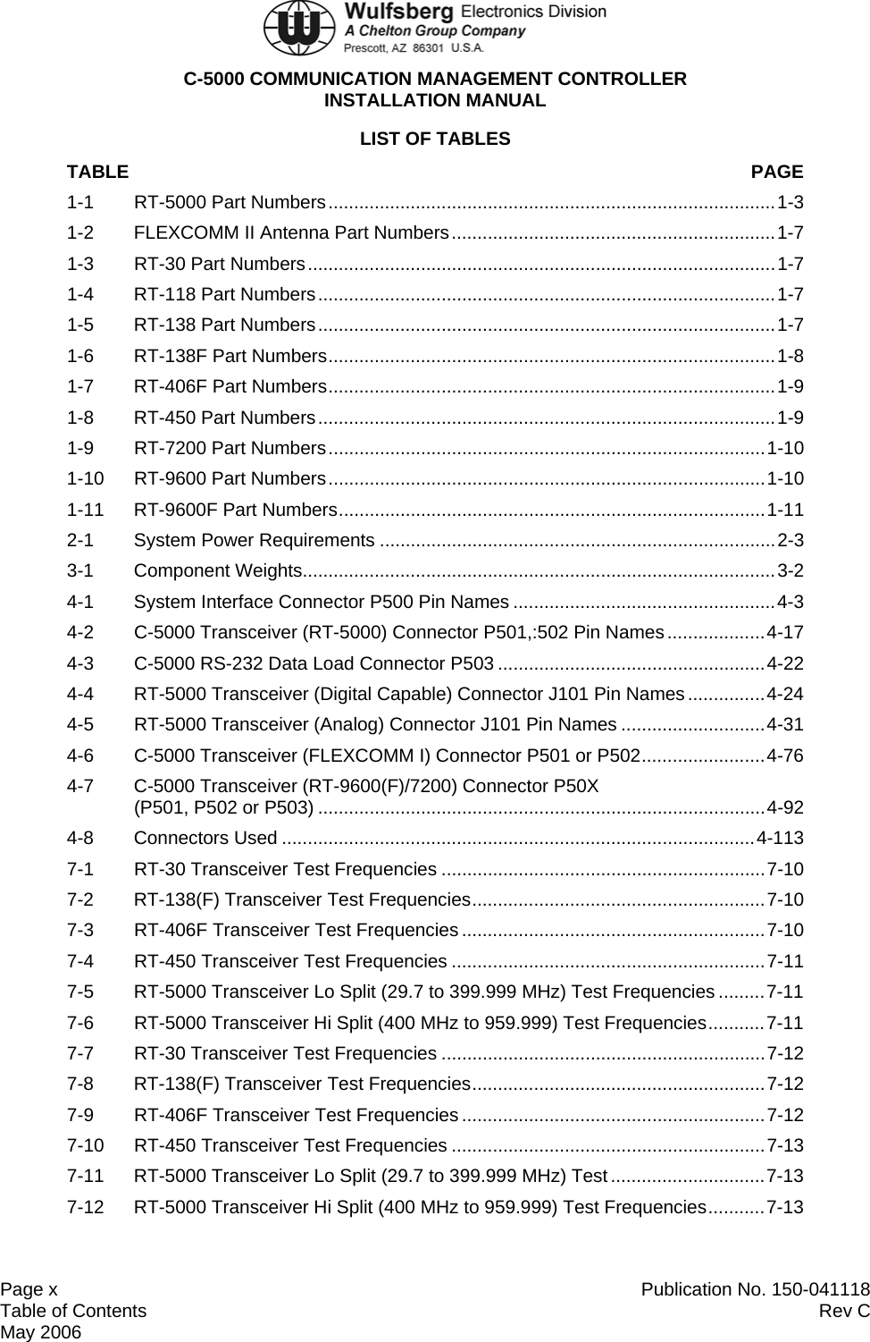  C-5000 COMMUNICATION MANAGEMENT CONTROLLER INSTALLATION MANUAL  Page x  Publication No. 150-041118 Table of Contents  Rev C  May 2006 LIST OF TABLES TABLE  PAGE 1-1 RT-5000 Part Numbers.......................................................................................1-3 1-2  FLEXCOMM II Antenna Part Numbers...............................................................1-7 1-3 RT-30 Part Numbers...........................................................................................1-7 1-4 RT-118 Part Numbers.........................................................................................1-7 1-5 RT-138 Part Numbers.........................................................................................1-7 1-6 RT-138F Part Numbers.......................................................................................1-8 1-7 RT-406F Part Numbers.......................................................................................1-9 1-8 RT-450 Part Numbers.........................................................................................1-9 1-9 RT-7200 Part Numbers.....................................................................................1-10 1-10 RT-9600 Part Numbers.....................................................................................1-10 1-11 RT-9600F Part Numbers...................................................................................1-11 2-1 System Power Requirements .............................................................................2-3 3-1 Component Weights............................................................................................3-2 4-1 System Interface Connector P500 Pin Names ...................................................4-3 4-2  C-5000 Transceiver (RT-5000) Connector P501,:502 Pin Names...................4-17 4-3  C-5000 RS-232 Data Load Connector P503 ....................................................4-22 4-4  RT-5000 Transceiver (Digital Capable) Connector J101 Pin Names...............4-24 4-5 RT-5000 Transceiver (Analog) Connector J101 Pin Names ............................4-31 4-6 C-5000 Transceiver (FLEXCOMM I) Connector P501 or P502........................4-76 4-7  C-5000 Transceiver (RT-9600(F)/7200) Connector P50X  (P501, P502 or P503) .......................................................................................4-92 4-8 Connectors Used ............................................................................................4-113 7-1 RT-30 Transceiver Test Frequencies ...............................................................7-10 7-2 RT-138(F) Transceiver Test Frequencies.........................................................7-10 7-3 RT-406F Transceiver Test Frequencies...........................................................7-10 7-4 RT-450 Transceiver Test Frequencies .............................................................7-11 7-5  RT-5000 Transceiver Lo Split (29.7 to 399.999 MHz) Test Frequencies .........7-11 7-6  RT-5000 Transceiver Hi Split (400 MHz to 959.999) Test Frequencies...........7-11 7-7 RT-30 Transceiver Test Frequencies ...............................................................7-12 7-8 RT-138(F) Transceiver Test Frequencies.........................................................7-12 7-9 RT-406F Transceiver Test Frequencies...........................................................7-12 7-10 RT-450 Transceiver Test Frequencies .............................................................7-13 7-11  RT-5000 Transceiver Lo Split (29.7 to 399.999 MHz) Test ..............................7-13 7-12  RT-5000 Transceiver Hi Split (400 MHz to 959.999) Test Frequencies...........7-13  