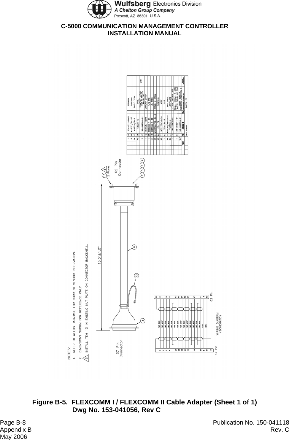  C-5000 COMMUNICATION MANAGEMENT CONTROLLER INSTALLATION MANUAL  Page B-8   Publication No. 150-041118 Appendix B  Rev. C  May 2006   Figure B-5.  FLEXCOMM I / FLEXCOMM II Cable Adapter (Sheet 1 of 1) Dwg No. 153-041056, Rev C 