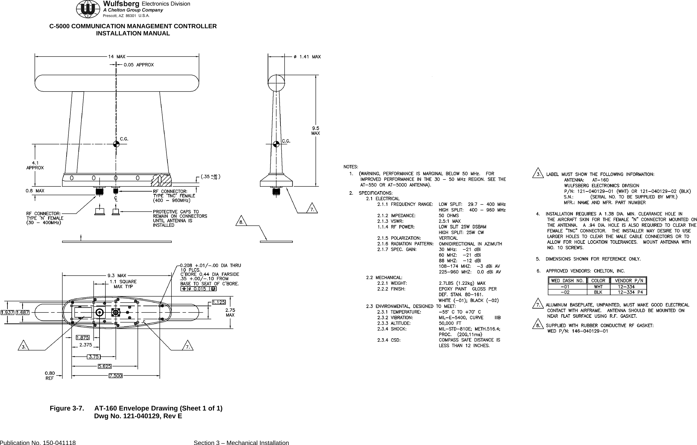  C-5000 COMMUNICATION MANAGEMENT CONTROLLER INSTALLATION MANUAL  Figure 3-7.  AT-160 Envelope Drawing (Sheet 1 of 1) Dwg No. 121-040129, Rev E Publication No. 150-041118  Section 3 – Mechanical Installation 