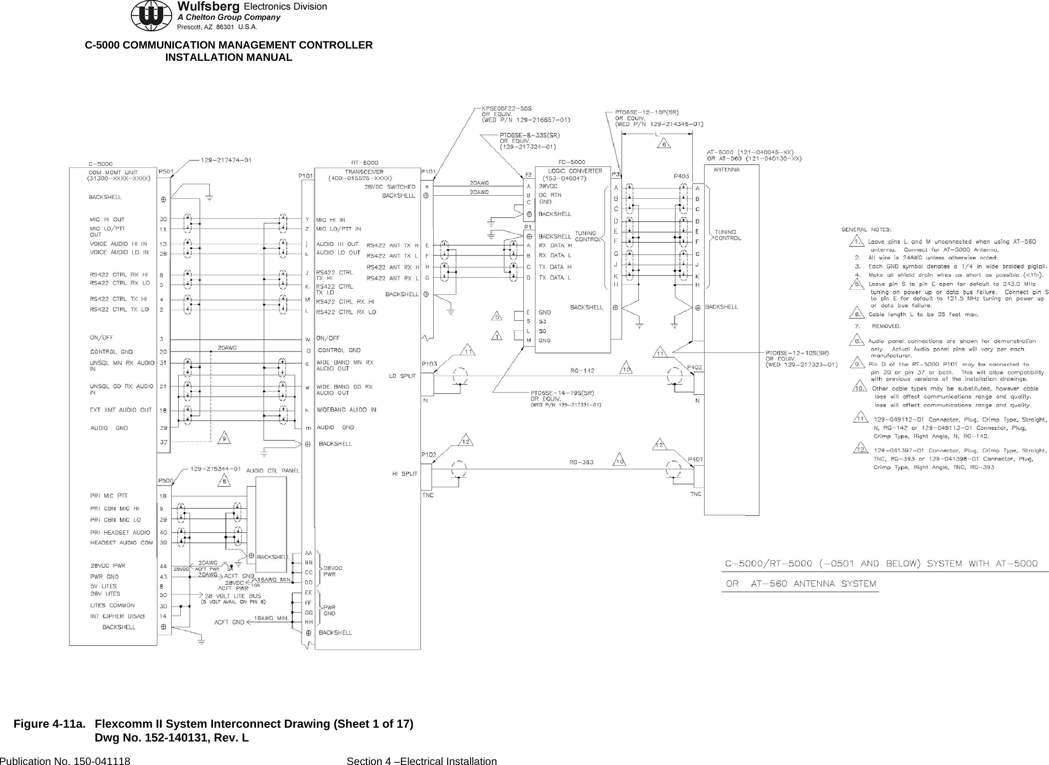 C-5000 COMMUNICATION MANAGEMENT CONTROLLER INSTALLATION MANUAL  Figure 4-11a.  Flexcomm II System Interconnect Drawing (Sheet 1 of 17) Dwg No. 152-140131, Rev. L Publication No. 150-041118  Section 4 –Electrical Installation 