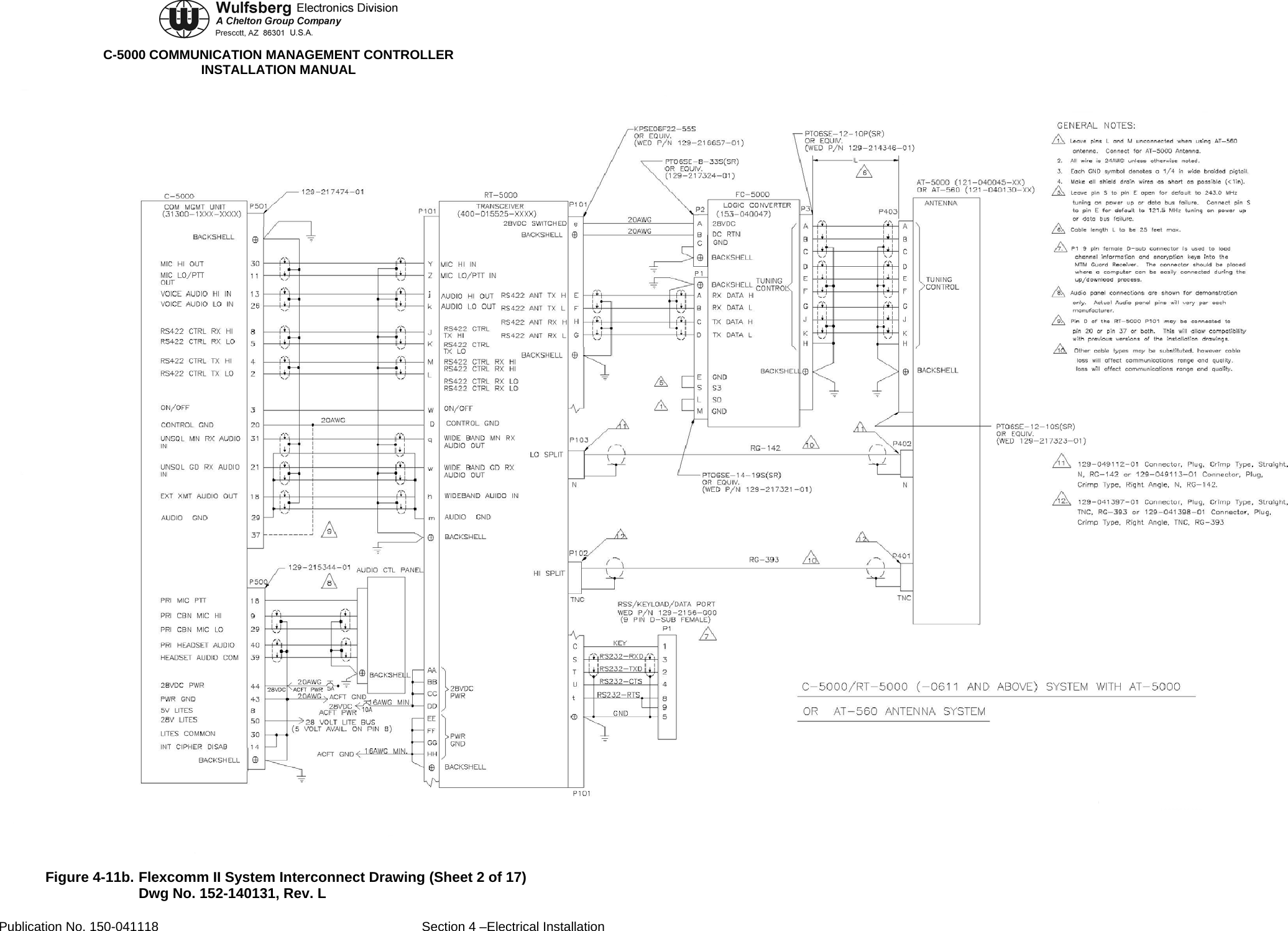  C-5000 COMMUNICATION MANAGEMENT CONTROLLER INSTALLATION MANUAL  Figure 4-11b. Flexcomm II System Interconnect Drawing (Sheet 2 of 17) Dwg No. 152-140131, Rev. L Publication No. 150-041118  Section 4 –Electrical Installation 