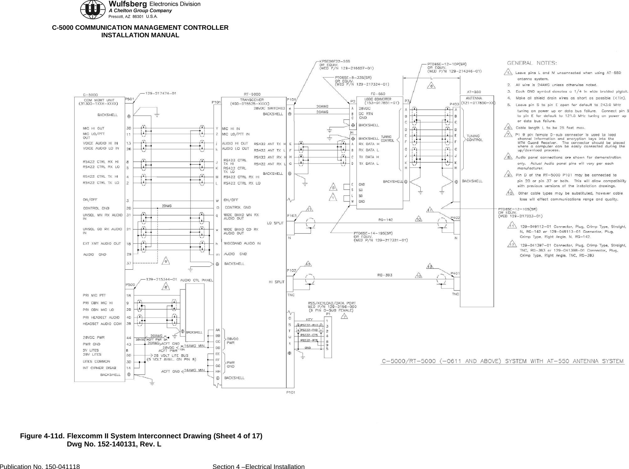  C-5000 COMMUNICATION MANAGEMENT CONTROLLER INSTALLATION MANUAL  Figure 4-11d. Flexcomm II System Interconnect Drawing (Sheet 4 of 17) Dwg No. 152-140131, Rev. L Publication No. 150-041118  Section 4 –Electrical Installation 