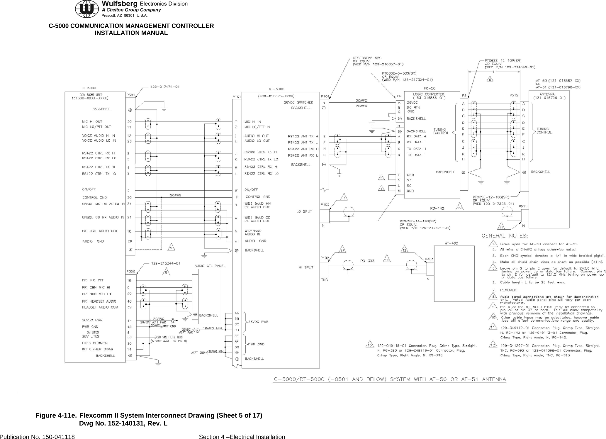 C-5000 COMMUNICATION MANAGEMENT CONTROLLER INSTALLATION MANUAL  Figure 4-11e. Flexcomm II System Interconnect Drawing (Sheet 5 of 17) Dwg No. 152-140131, Rev. L Publication No. 150-041118  Section 4 –Electrical Installation 