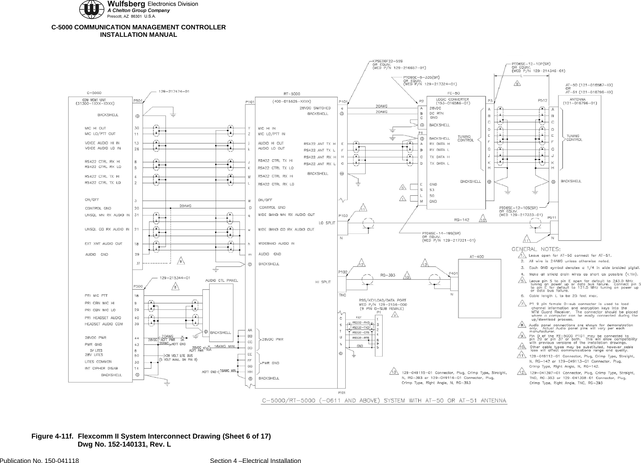  C-5000 COMMUNICATION MANAGEMENT CONTROLLER INSTALLATION MANUAL  Figure 4-11f.  Flexcomm II System Interconnect Drawing (Sheet 6 of 17) Dwg No. 152-140131, Rev. L Publication No. 150-041118  Section 4 –Electrical Installation 