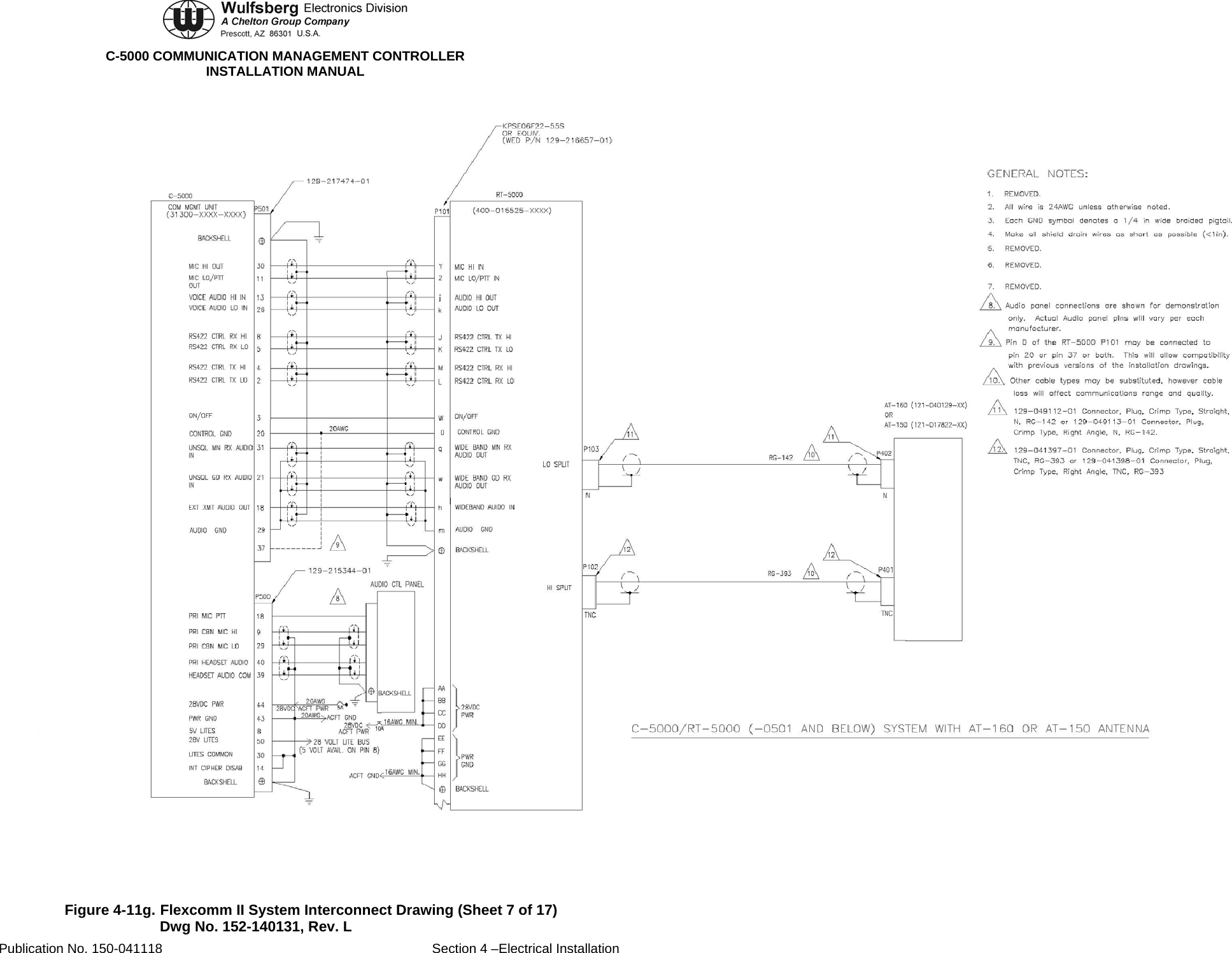  C-5000 COMMUNICATION MANAGEMENT CONTROLLER INSTALLATION MANUAL  Figure 4-11g. Flexcomm II System Interconnect Drawing (Sheet 7 of 17) Dwg No. 152-140131, Rev. L Publication No. 150-041118  Section 4 –Electrical Installation 